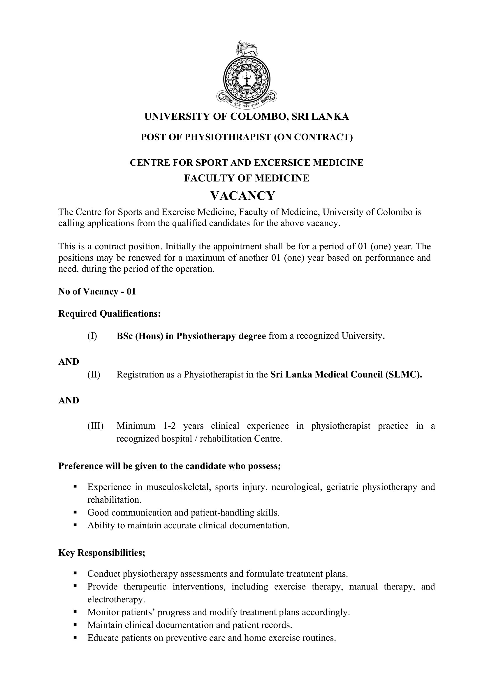 Physiotherapist - University of Colombo