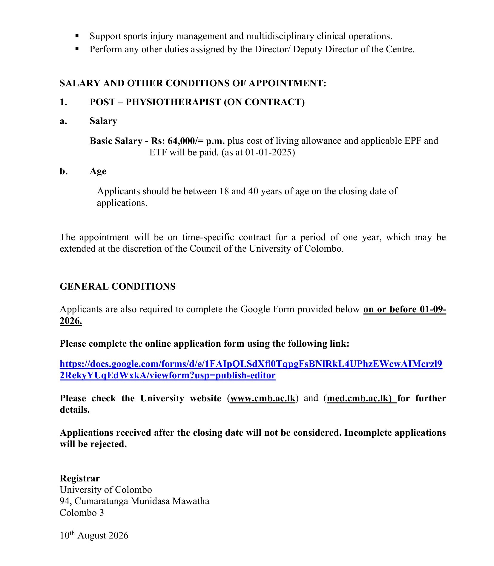 Physiotherapist - University of Colombo