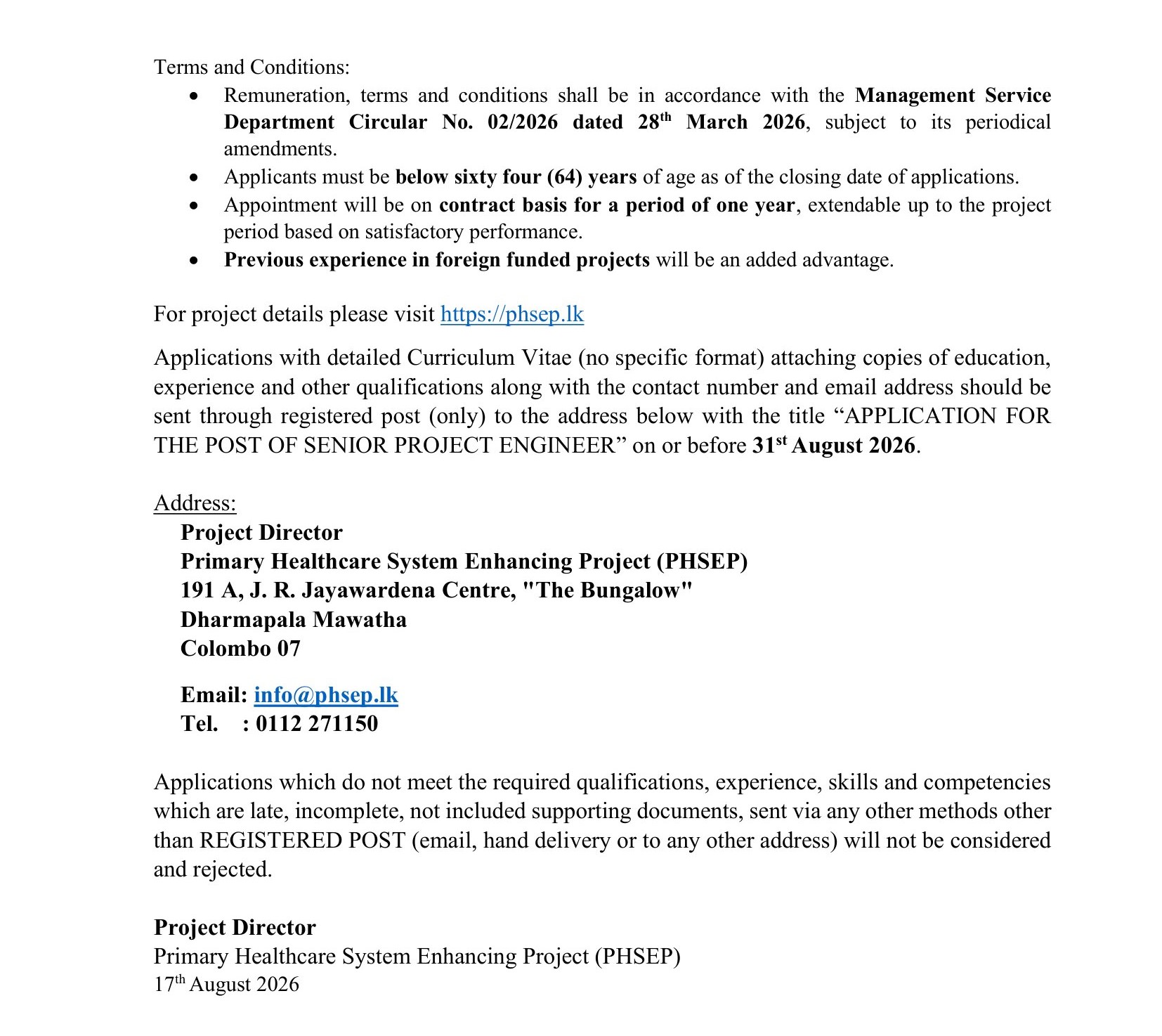 Senior Project Engineer - Primary Healthcare System Enhancing Project - Ministry of Health & Mass Media
