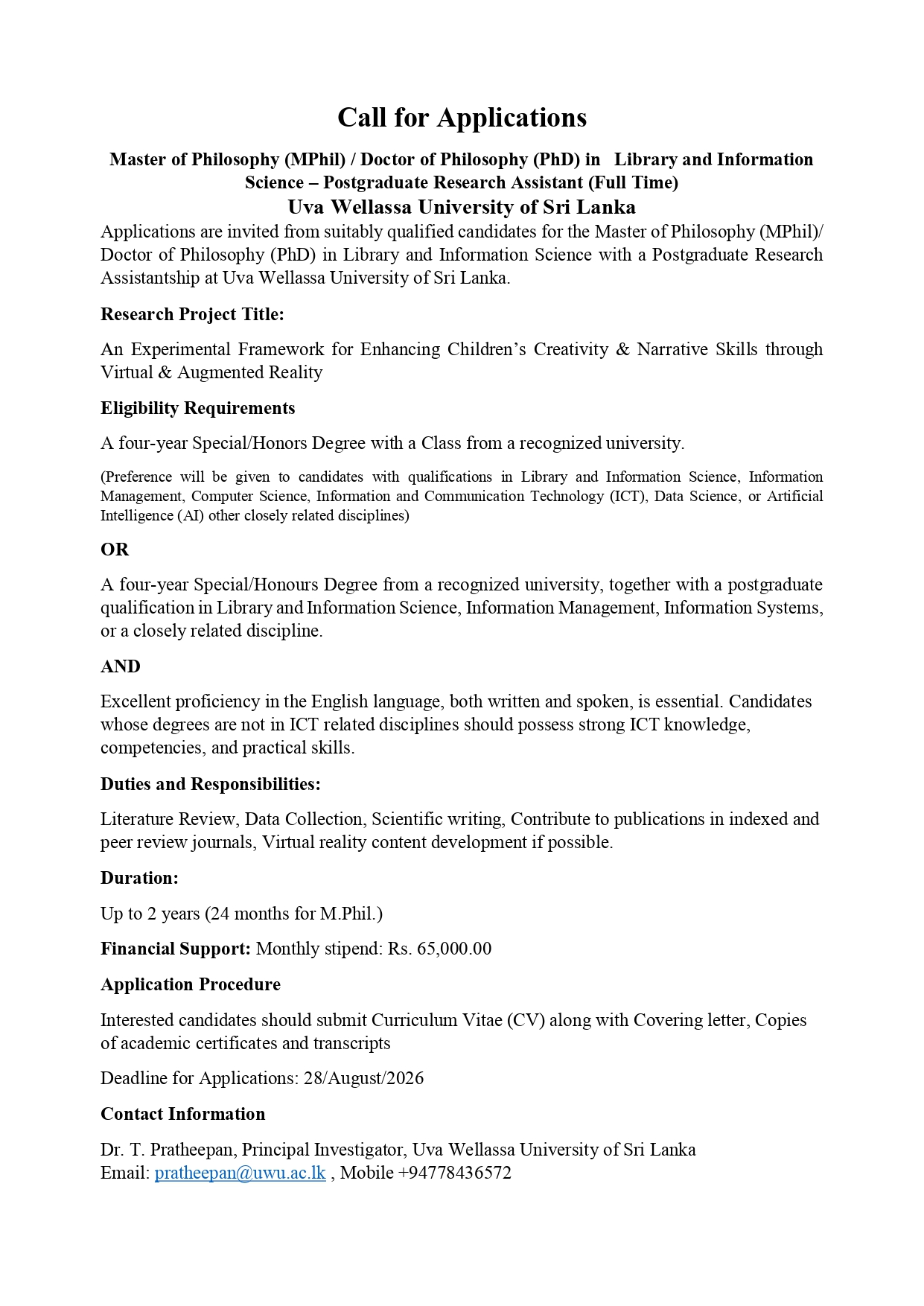Research Assistant - Uva Wellassa University of Sri Lanka