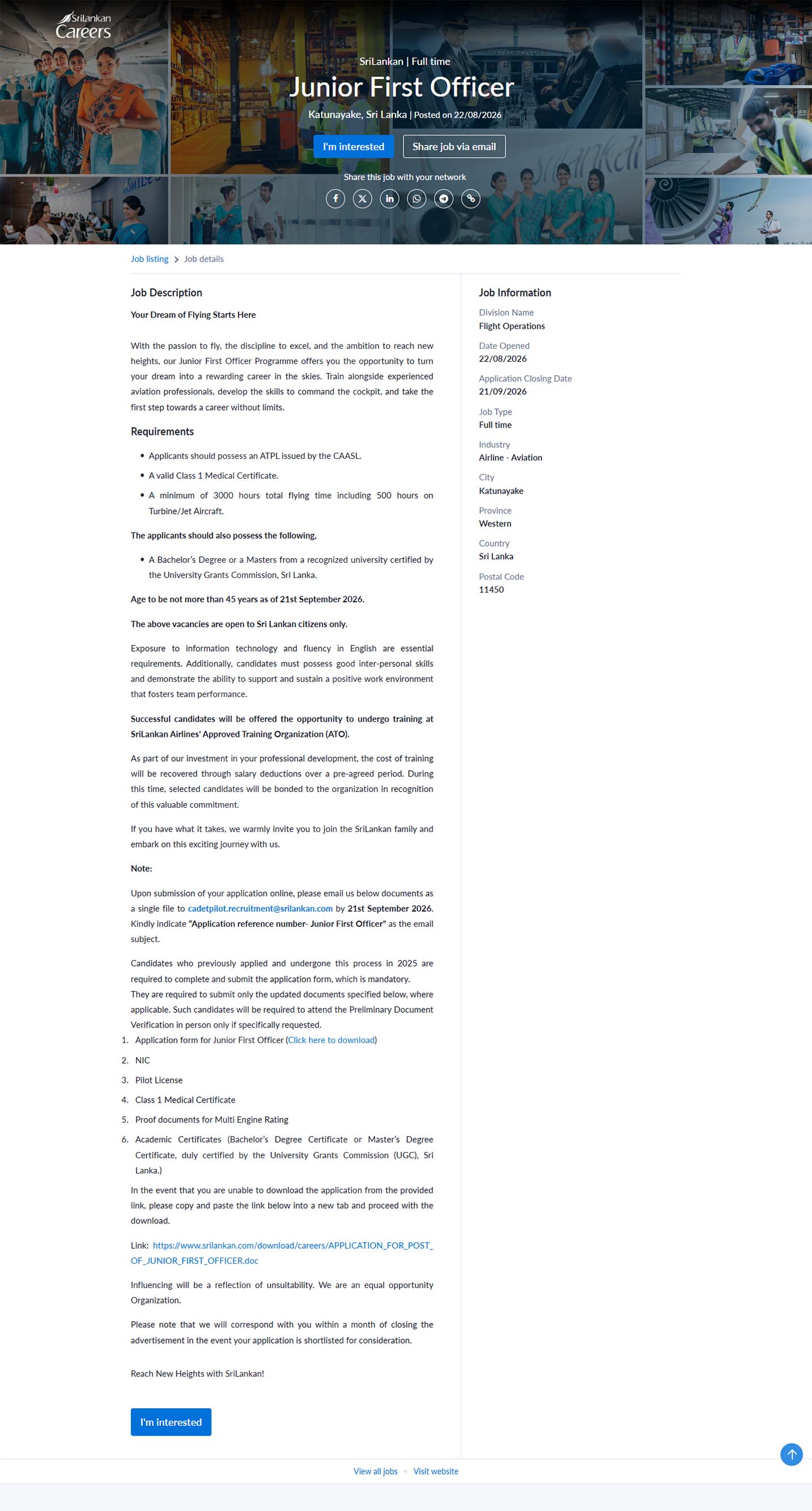 Junior First Officer - SriLankan Airlines Limited