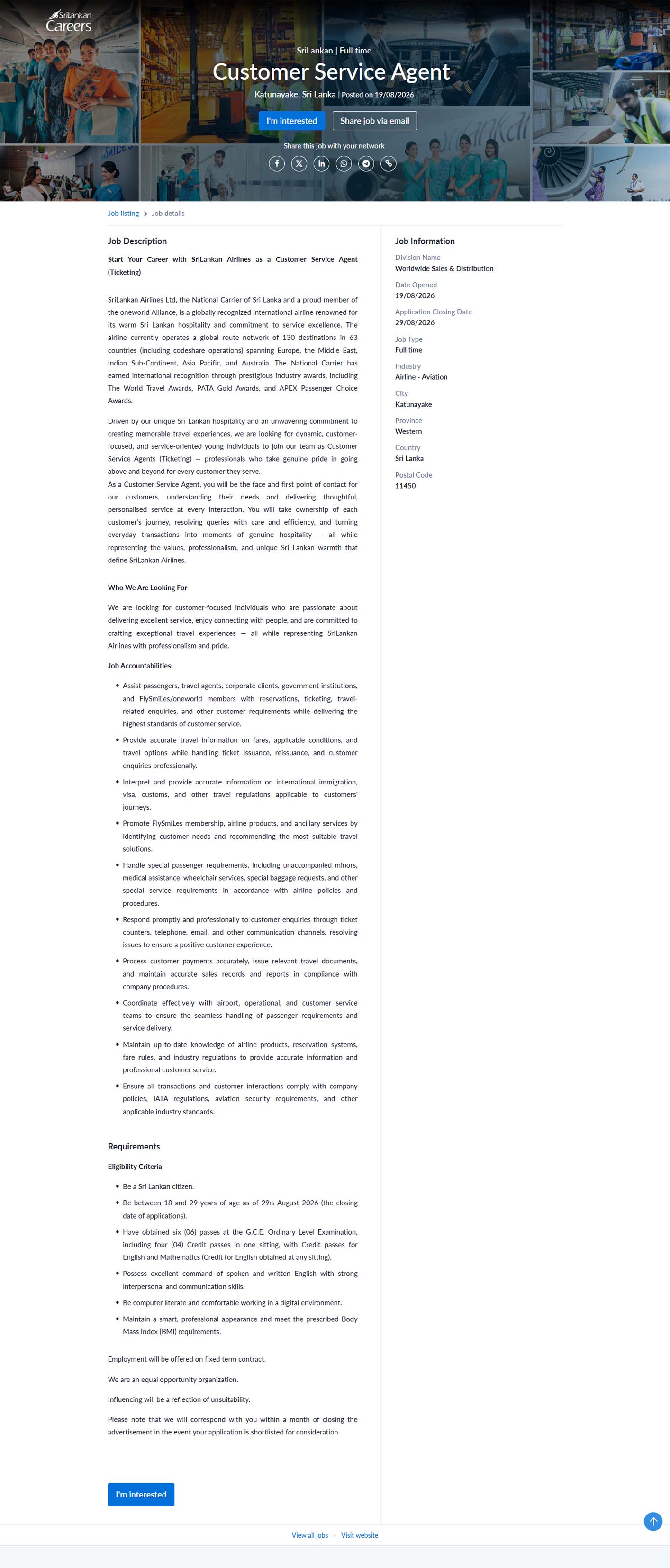 Customer Service Agent - SriLankan Airlines Limited