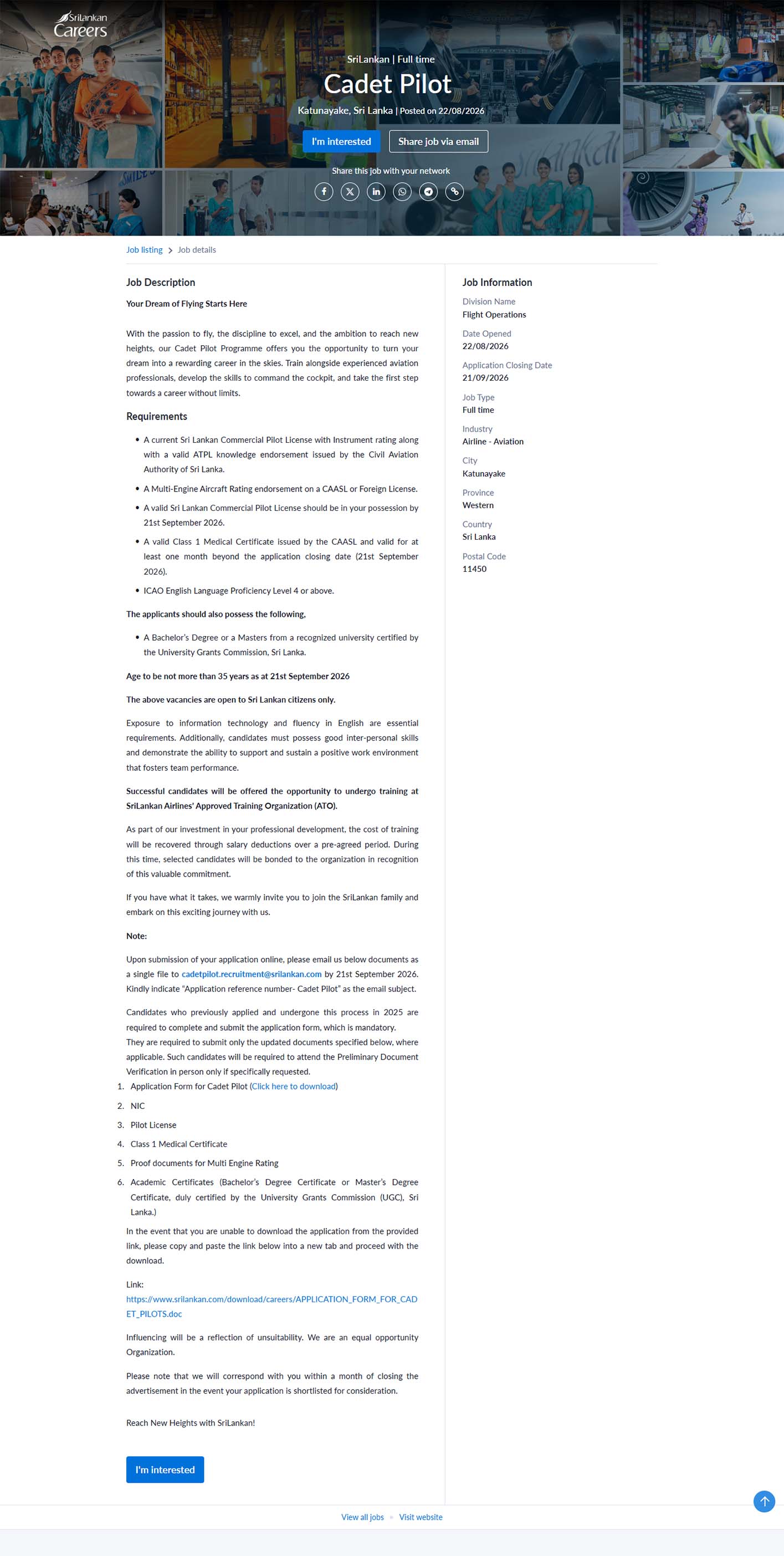 Cadet Pilot - SriLankan Airlines Limited