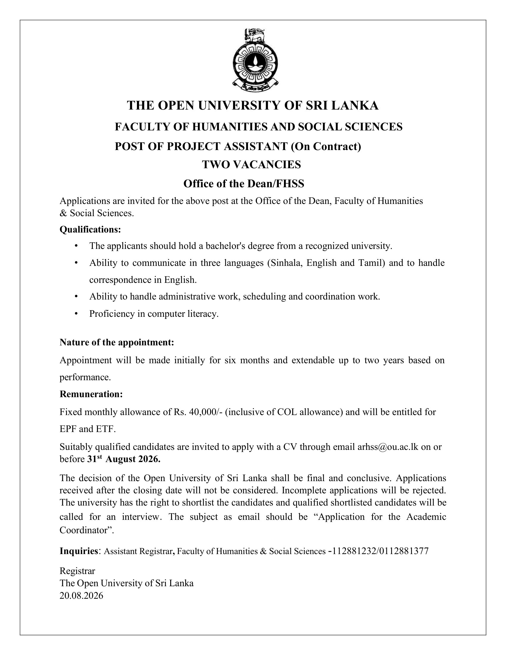 Project Assistant - The Open University of Sri Lanka