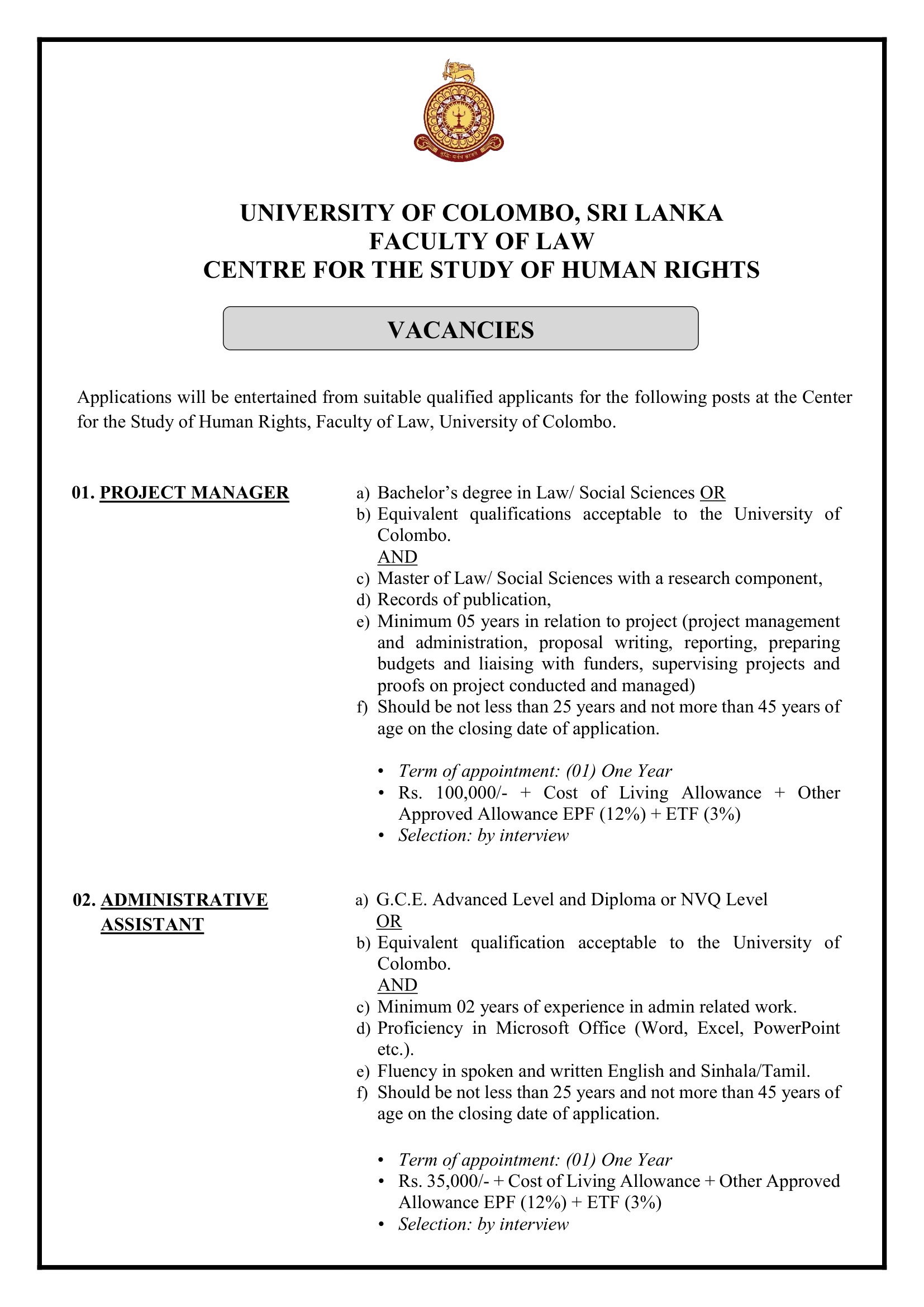 Project Manager, Administrative Assistant - University of Colombo
