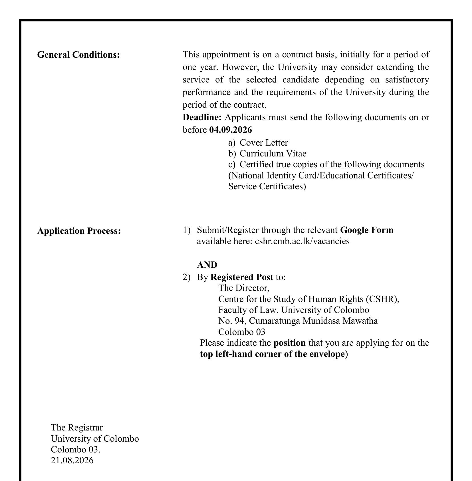 Project Manager, Administrative Assistant - University of Colombo