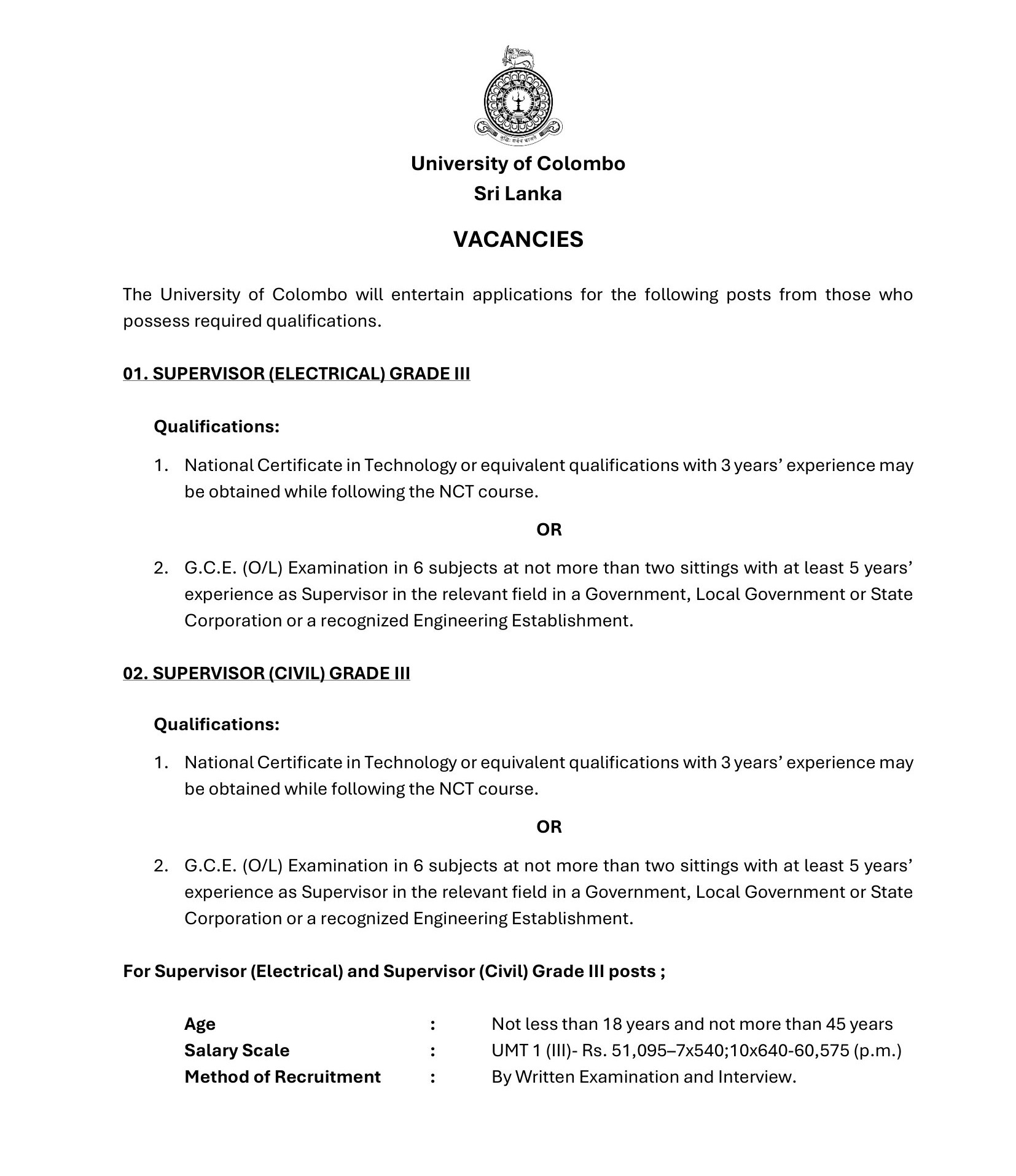 Management Assistant (Shroff), Supervisor (Electrical, Civil) - University of Colombo