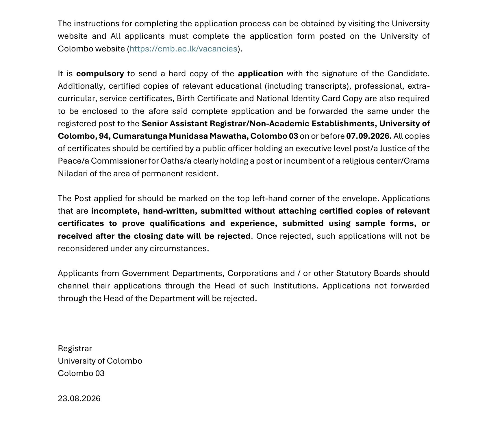 Management Assistant (Shroff), Supervisor (Electrical, Civil) - University of Colombo