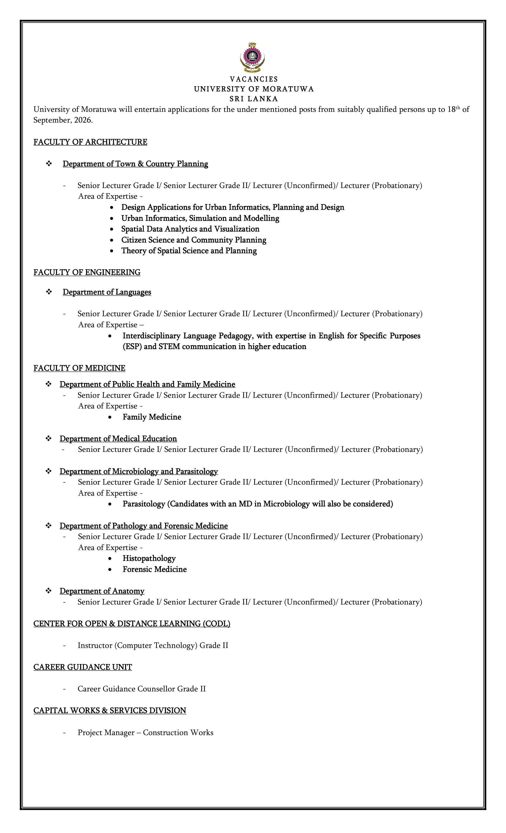 Senior Lecturer, Lecturer, Instructor, Project Manager - University of Moratuwa