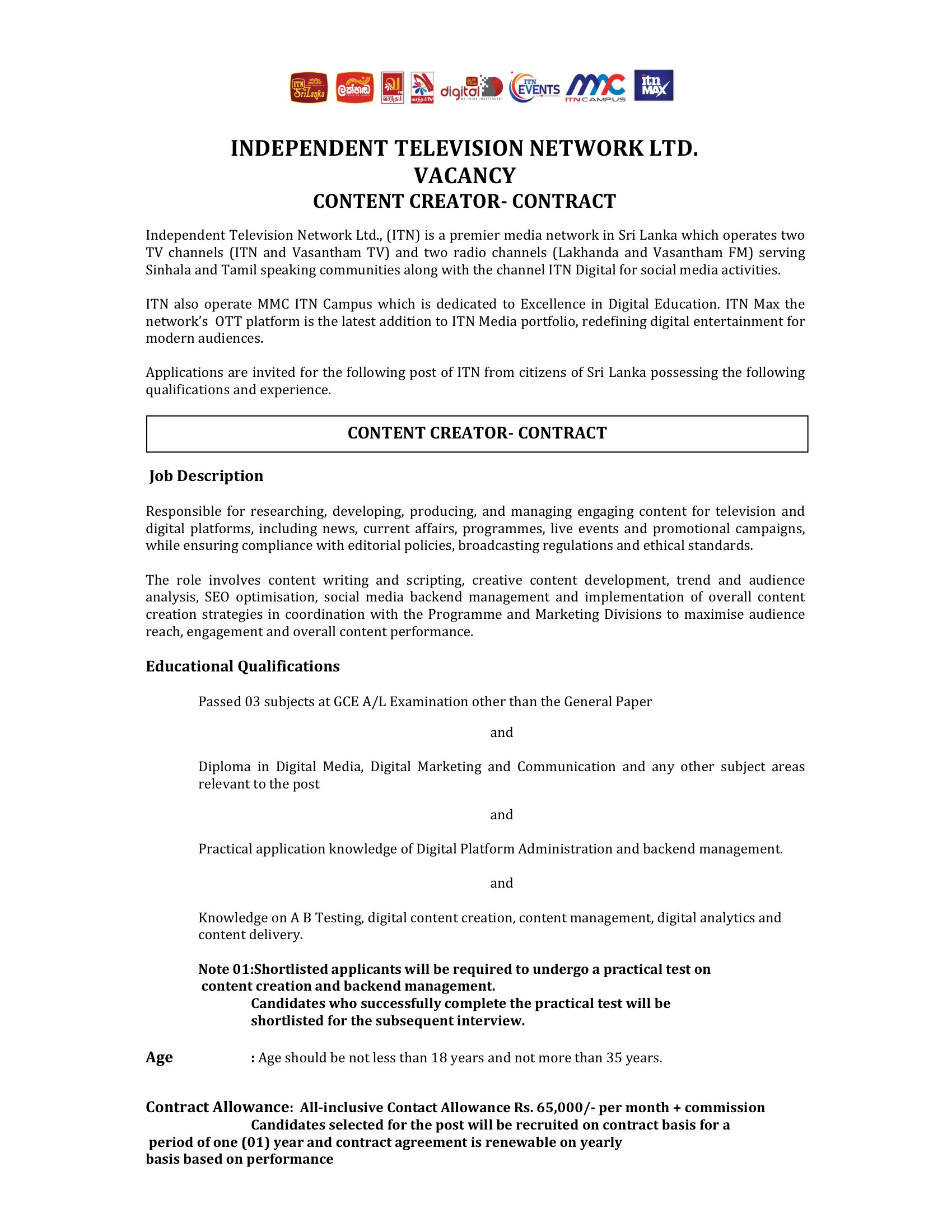Content Creator - Independent Television Network Ltd