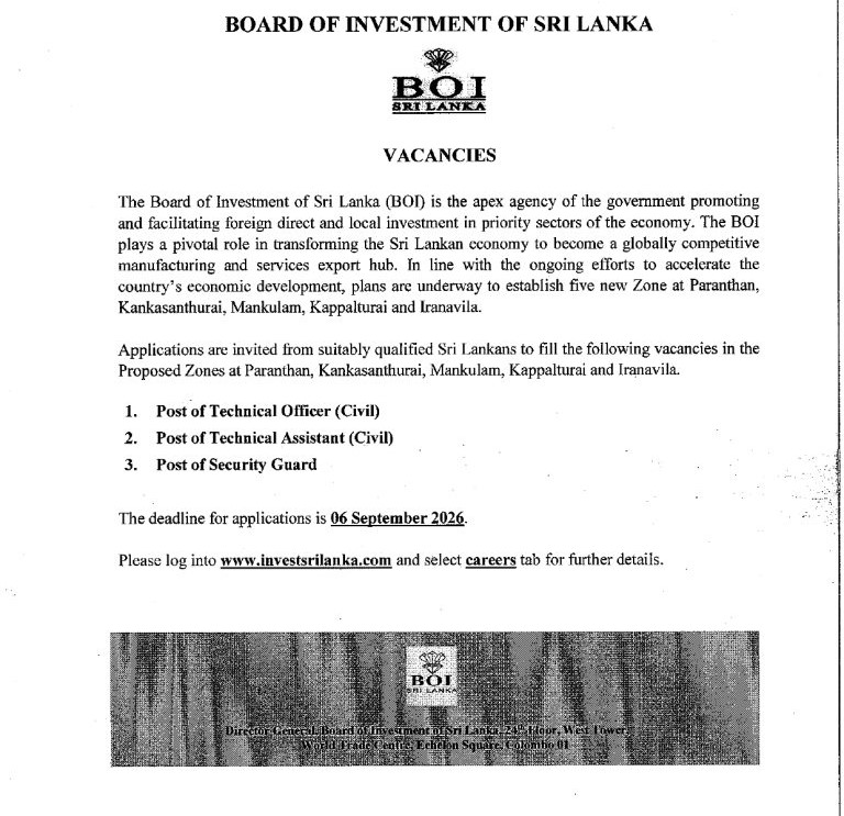 Technical Officer, Technical Assistant, Security Guard - The Board of Investment of Sri Lanka