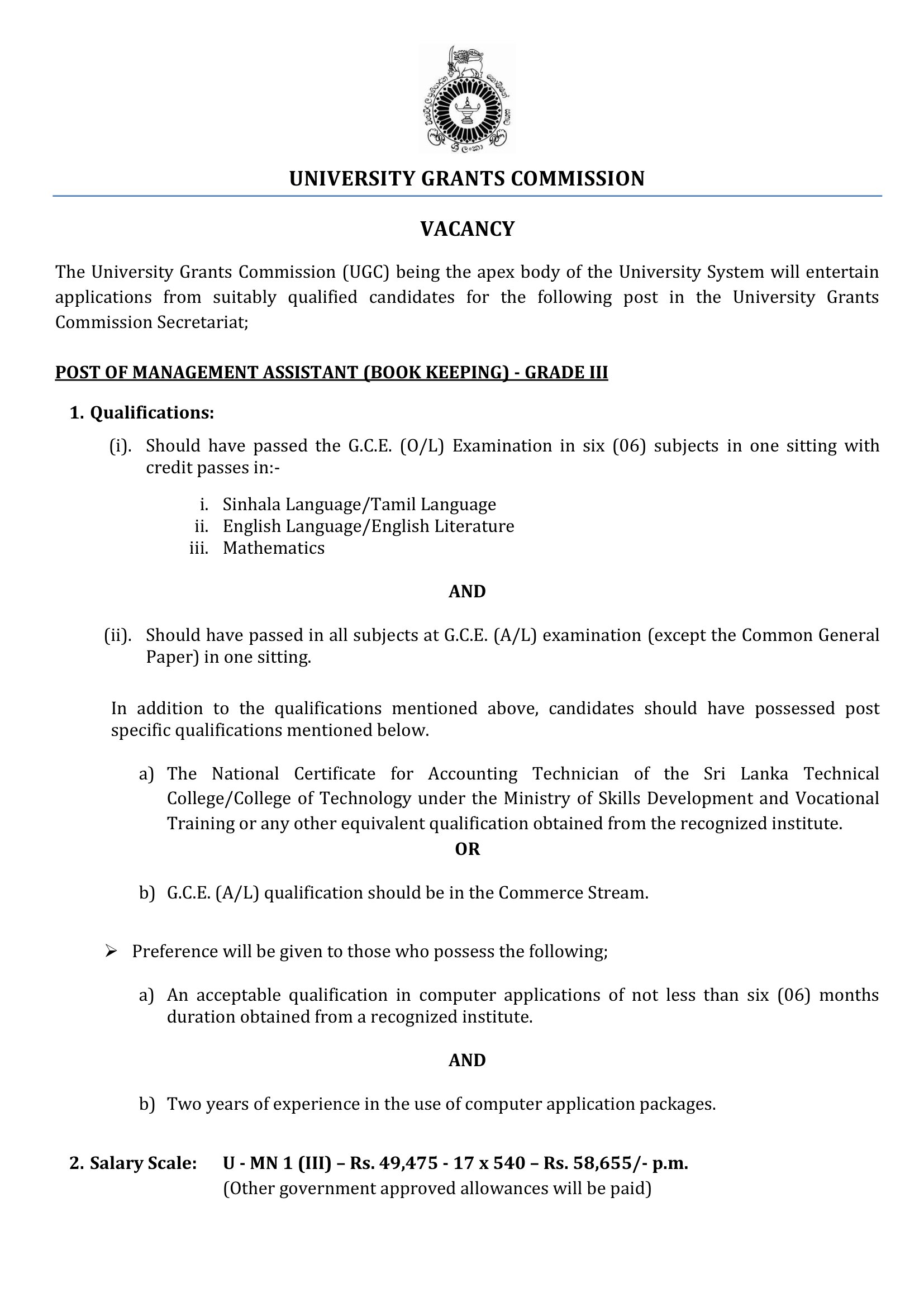 Management Assistant (Book Keeping) - University Grants Commission