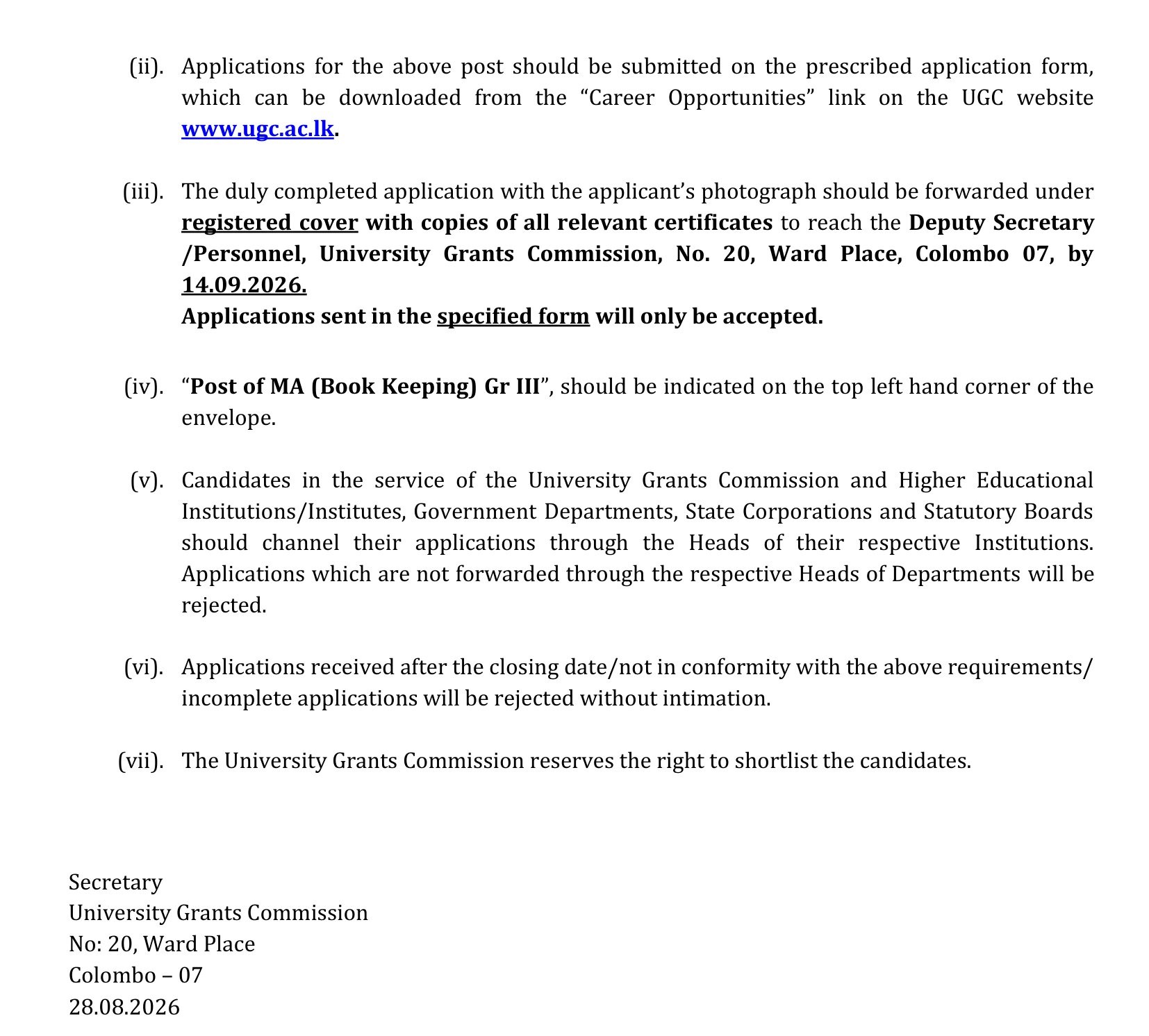 Management Assistant (Book Keeping) - University Grants Commission