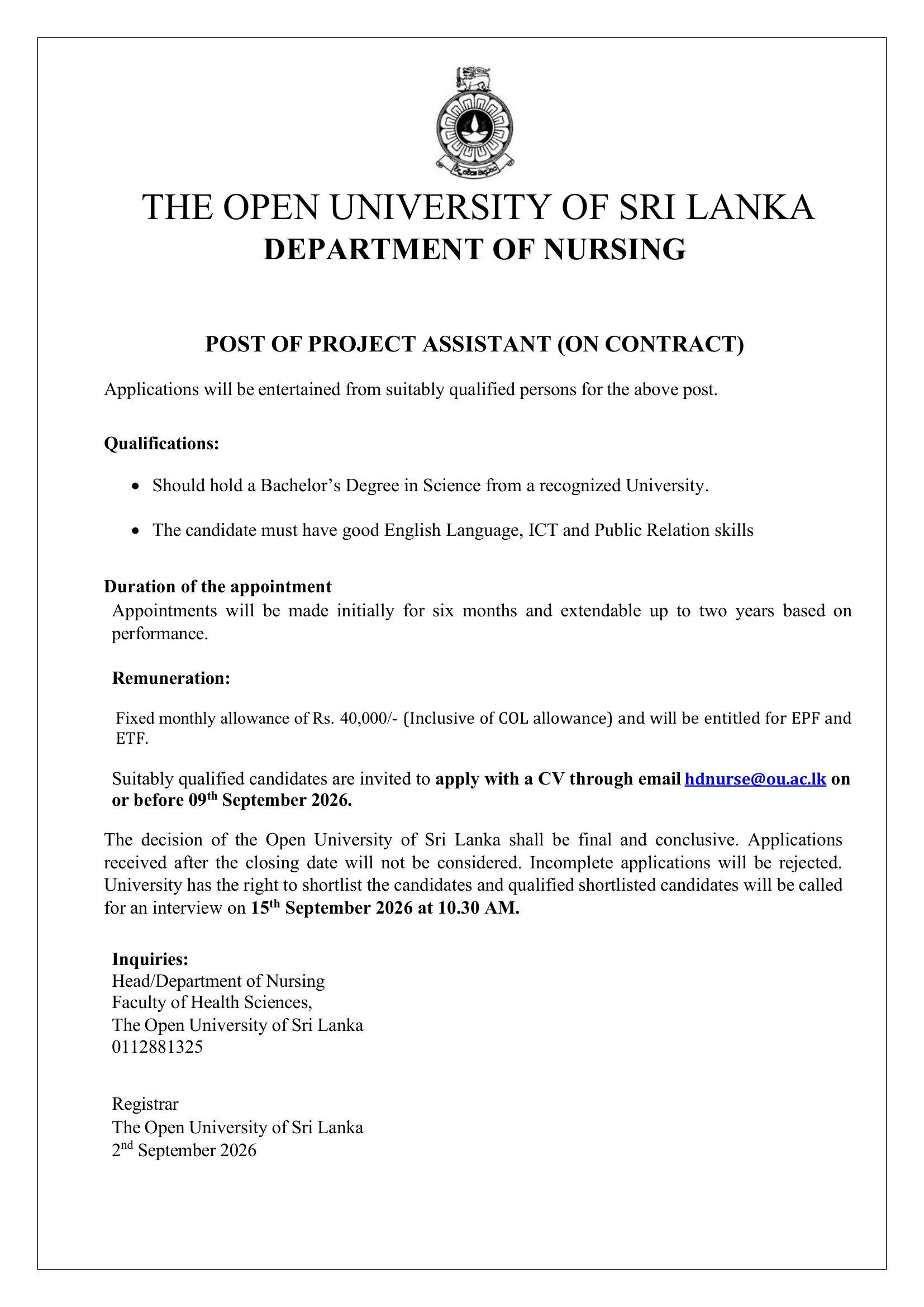 Project Assistant - The Open University of Sri Lanka