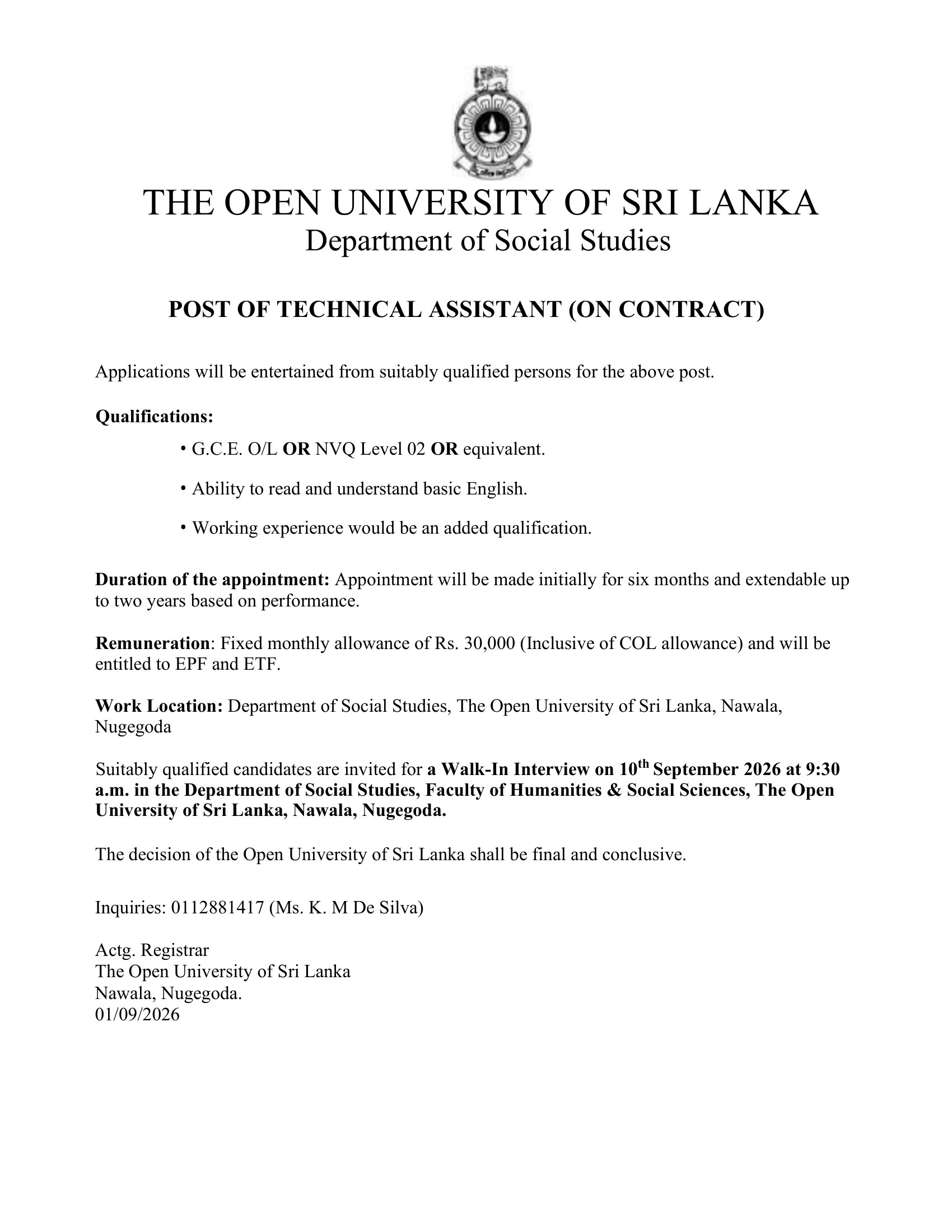 Technical Assistant - The Open University of Sri Lanka