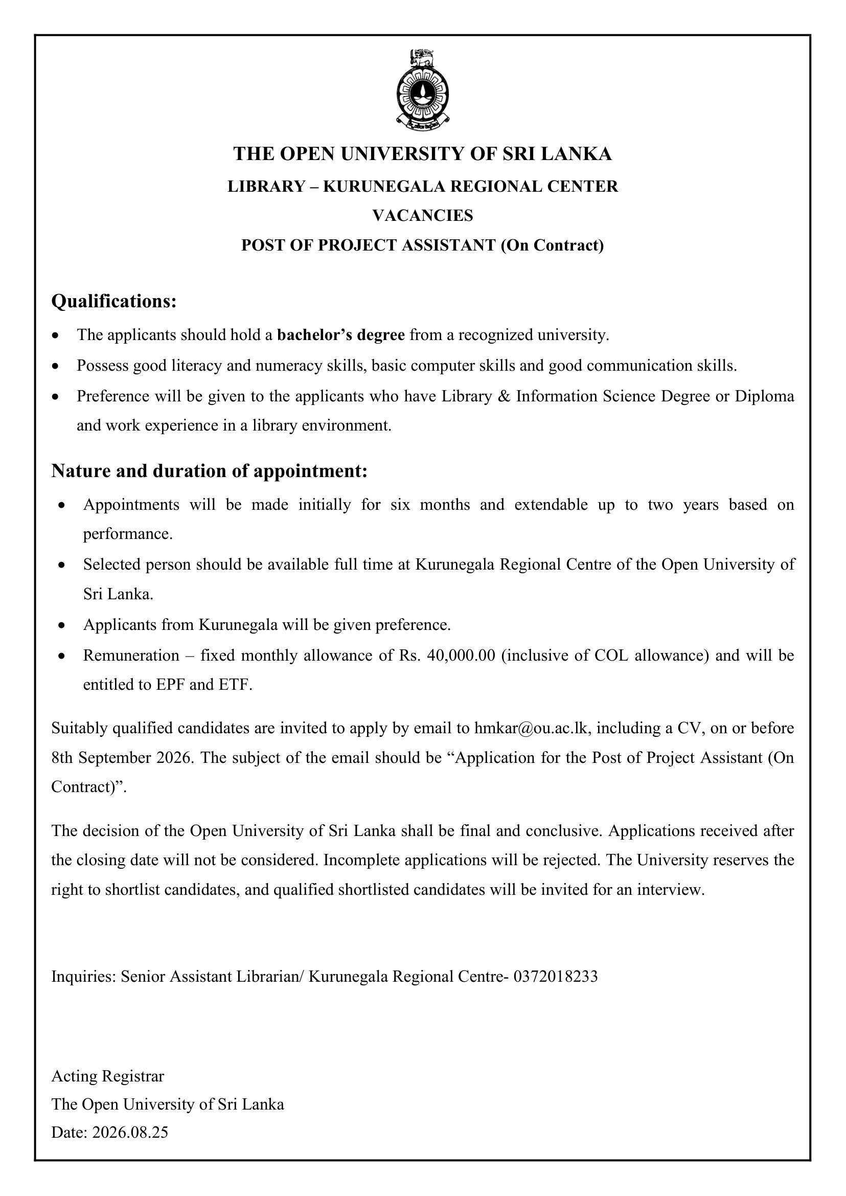 Project Assistant - The Open University of Sri Lanka