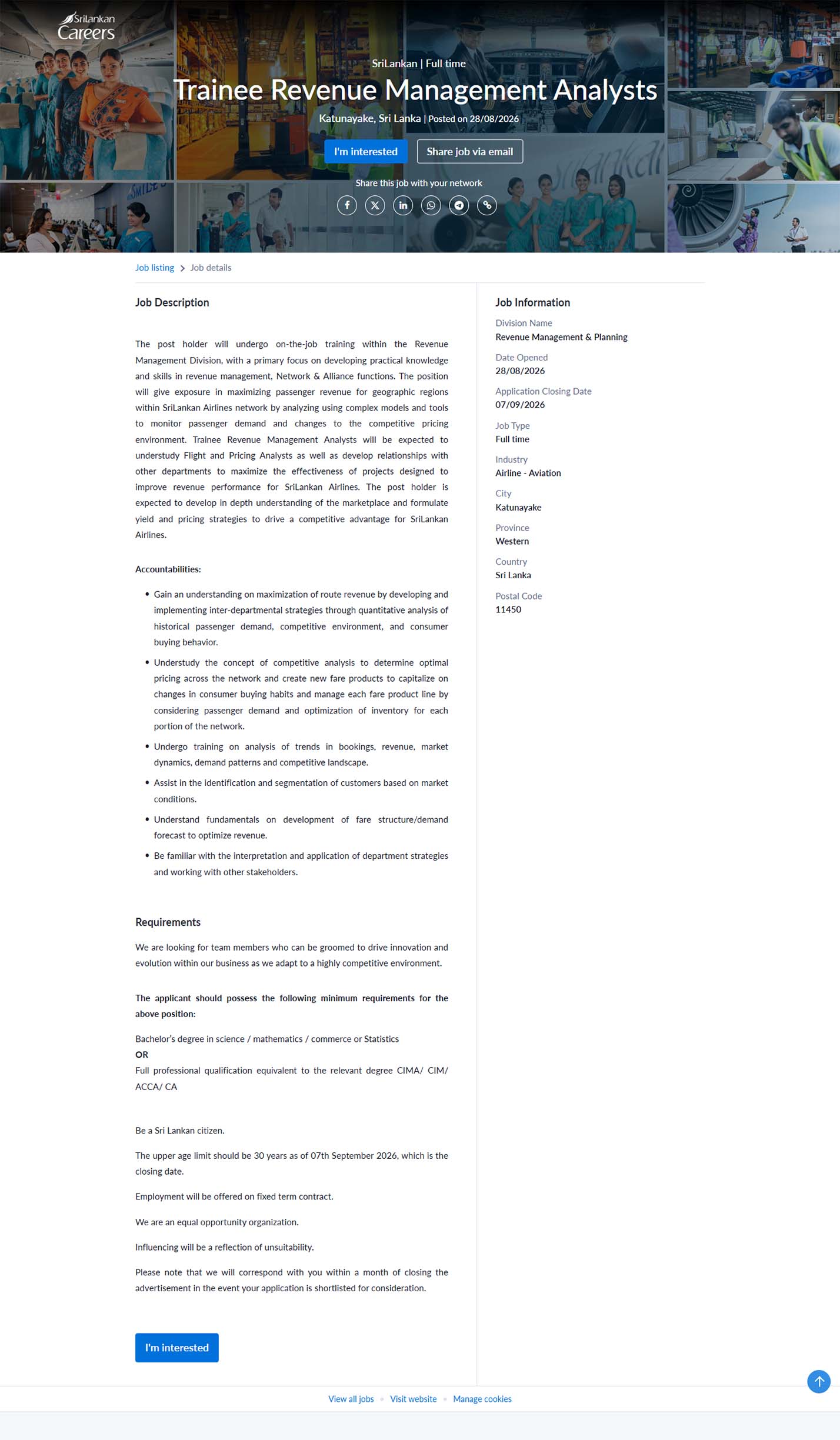 Trainee Revenue Management Analysts - SriLankan Airlines Limited