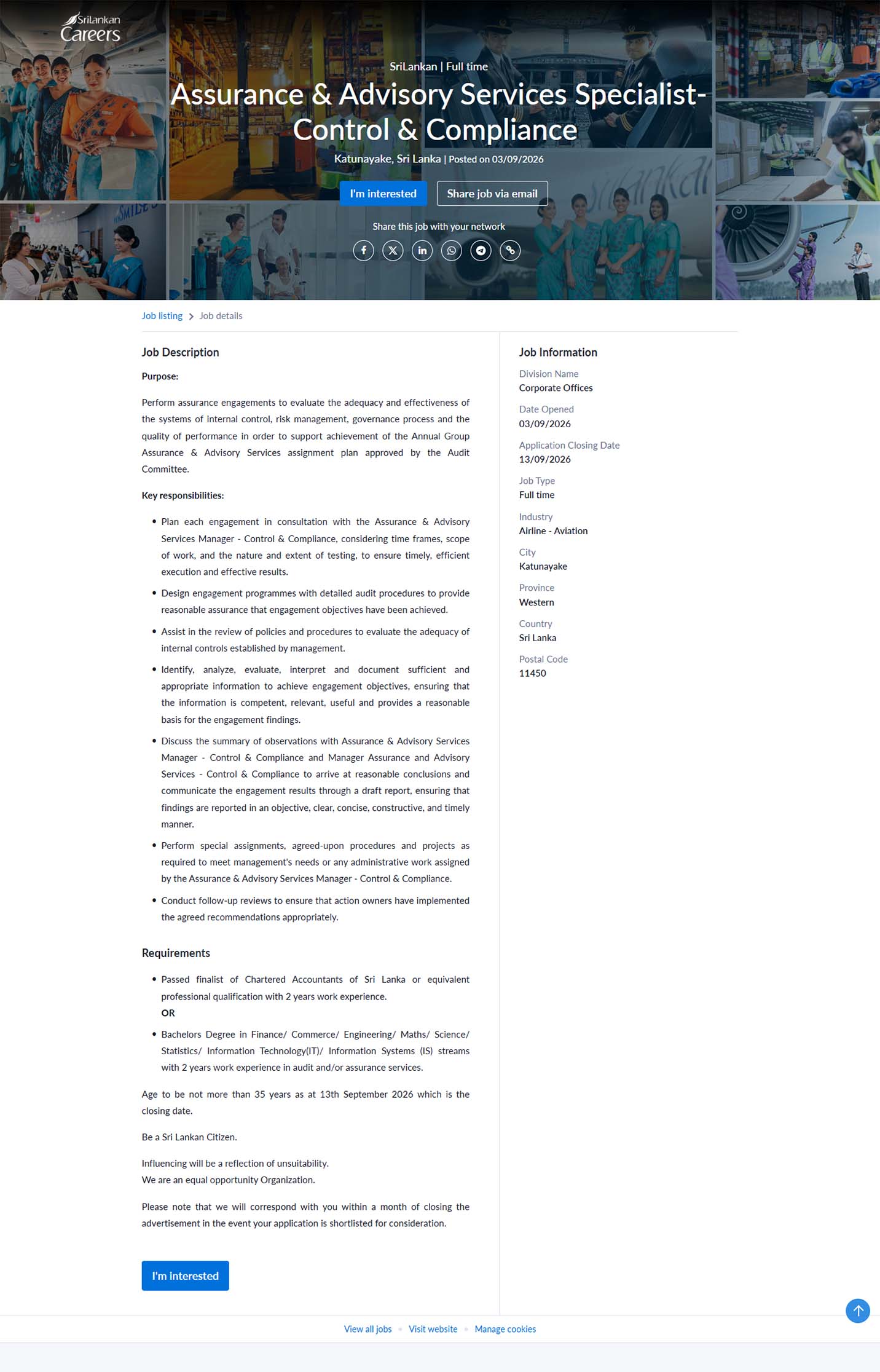 Assurance & Advisory Services Specialist-Control & Compliance - SriLankan Airlines Limited