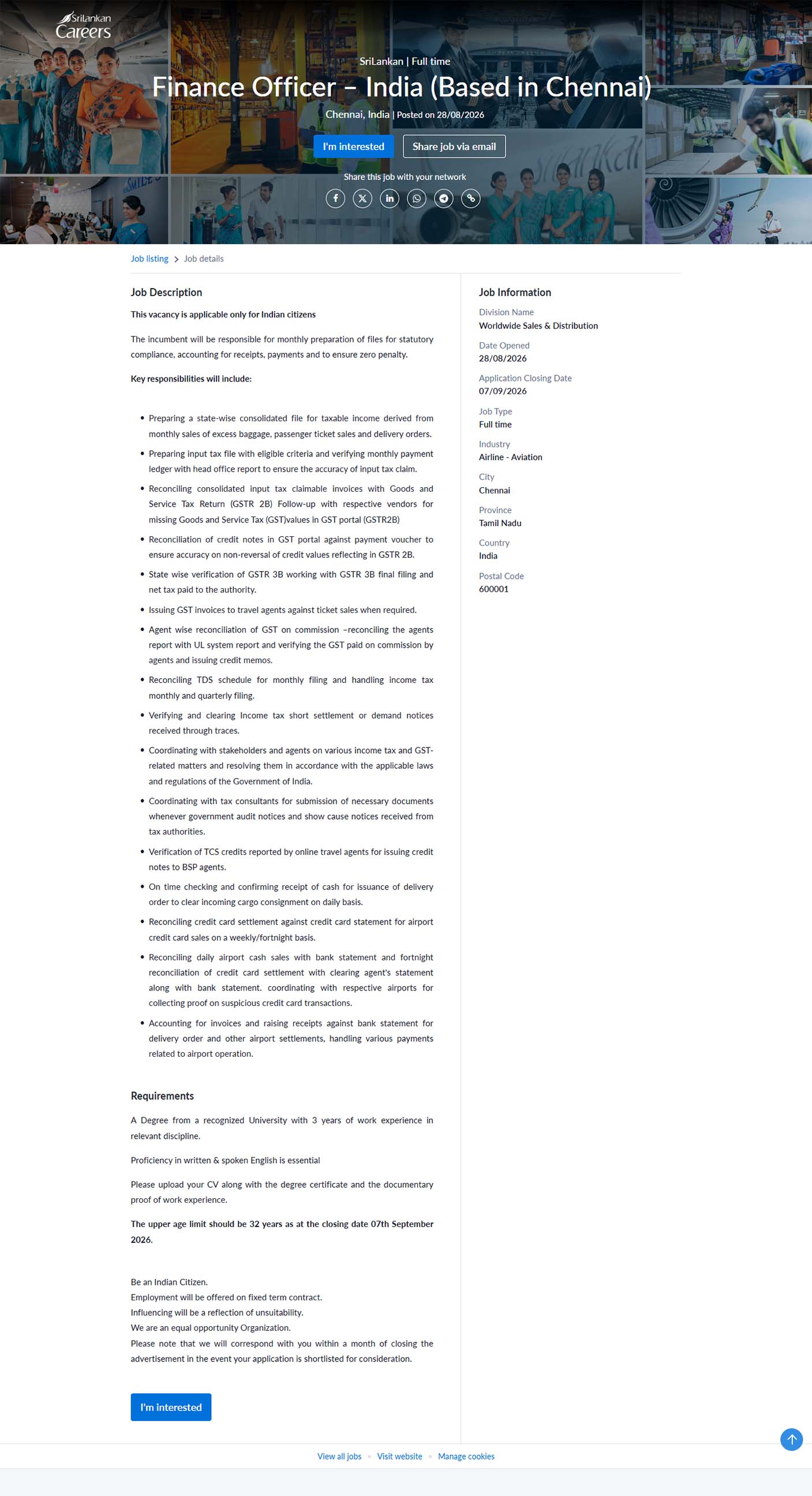 Finance Officer (India) - SriLankan Airlines Limited