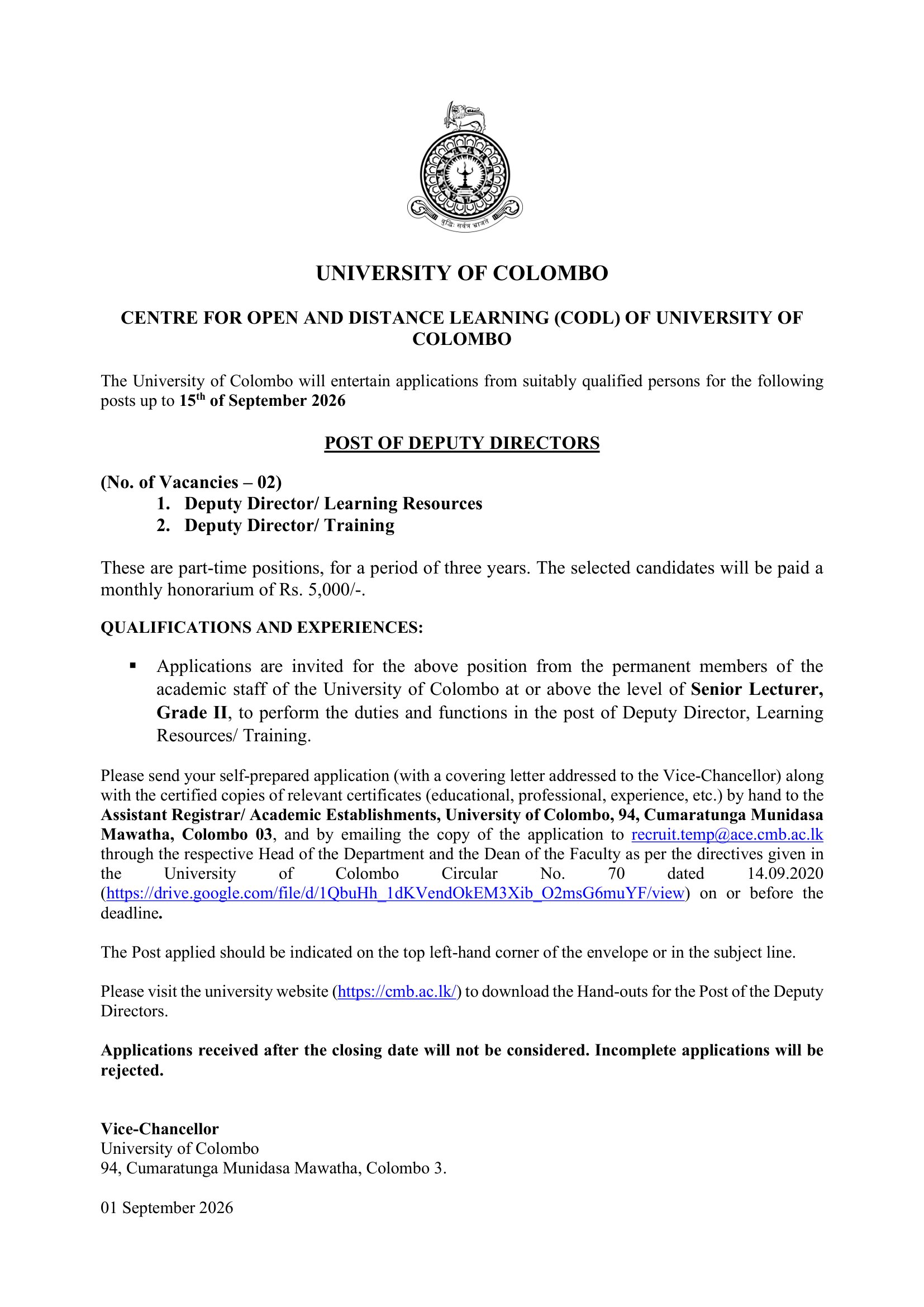 Deputy Director - University of Colombo