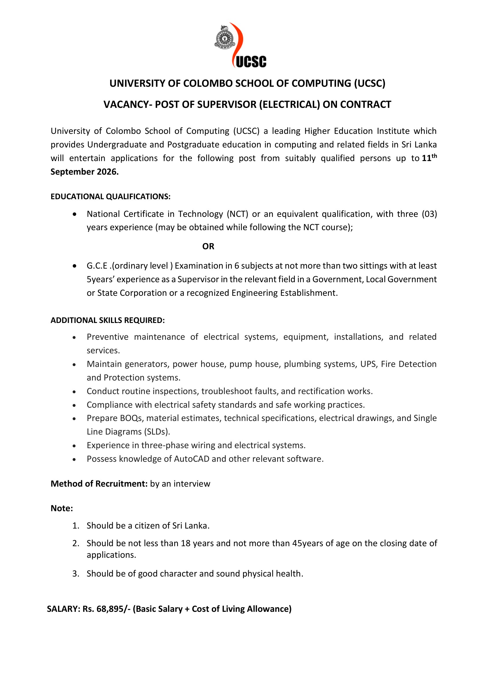 Supervisor (Electrical) - University of Colombo School of Computing