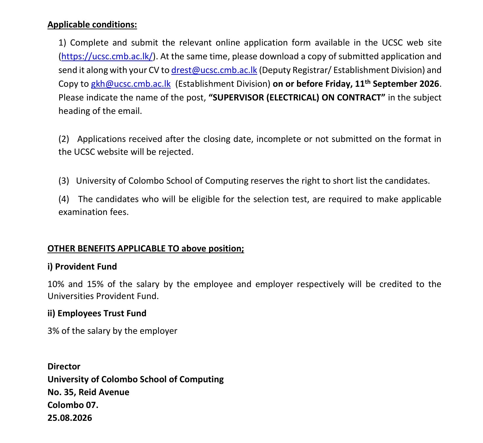 Supervisor (Electrical) - University of Colombo School of Computing