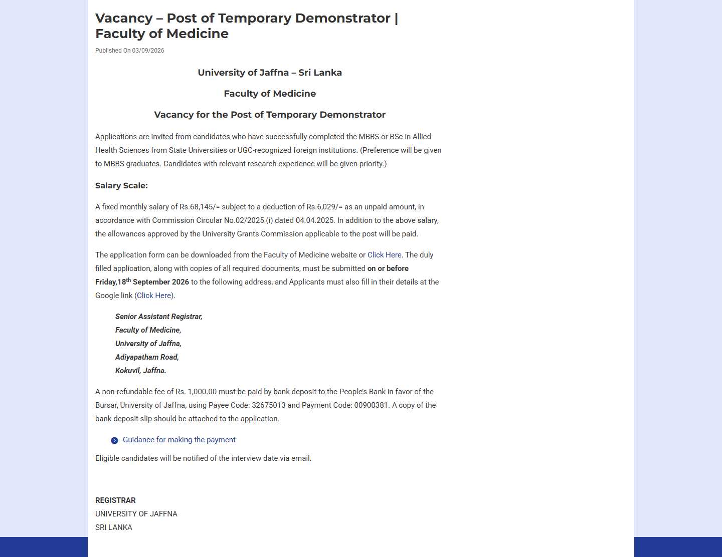 Temporary Demonstrator - University of Jaffna