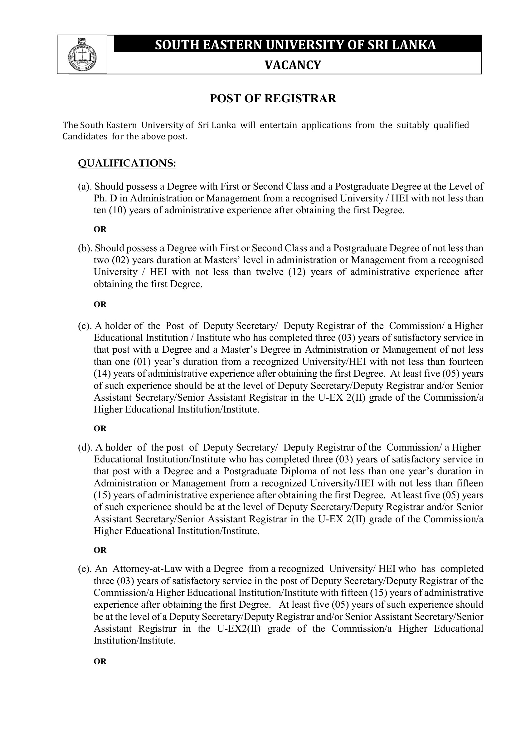Registrar - South Eastern University of Sri Lanka