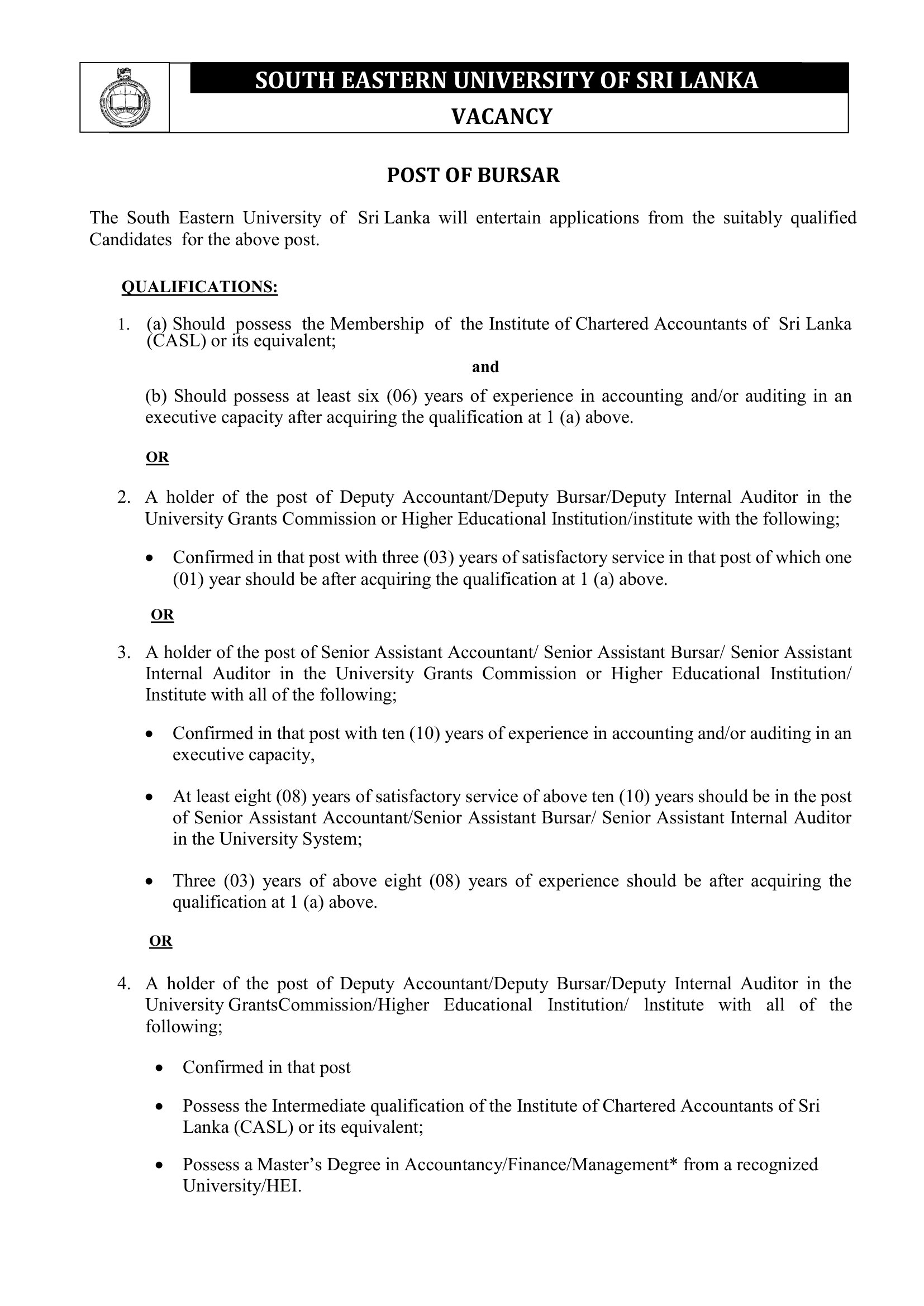 Bursar - South Eastern University of Sri Lanka