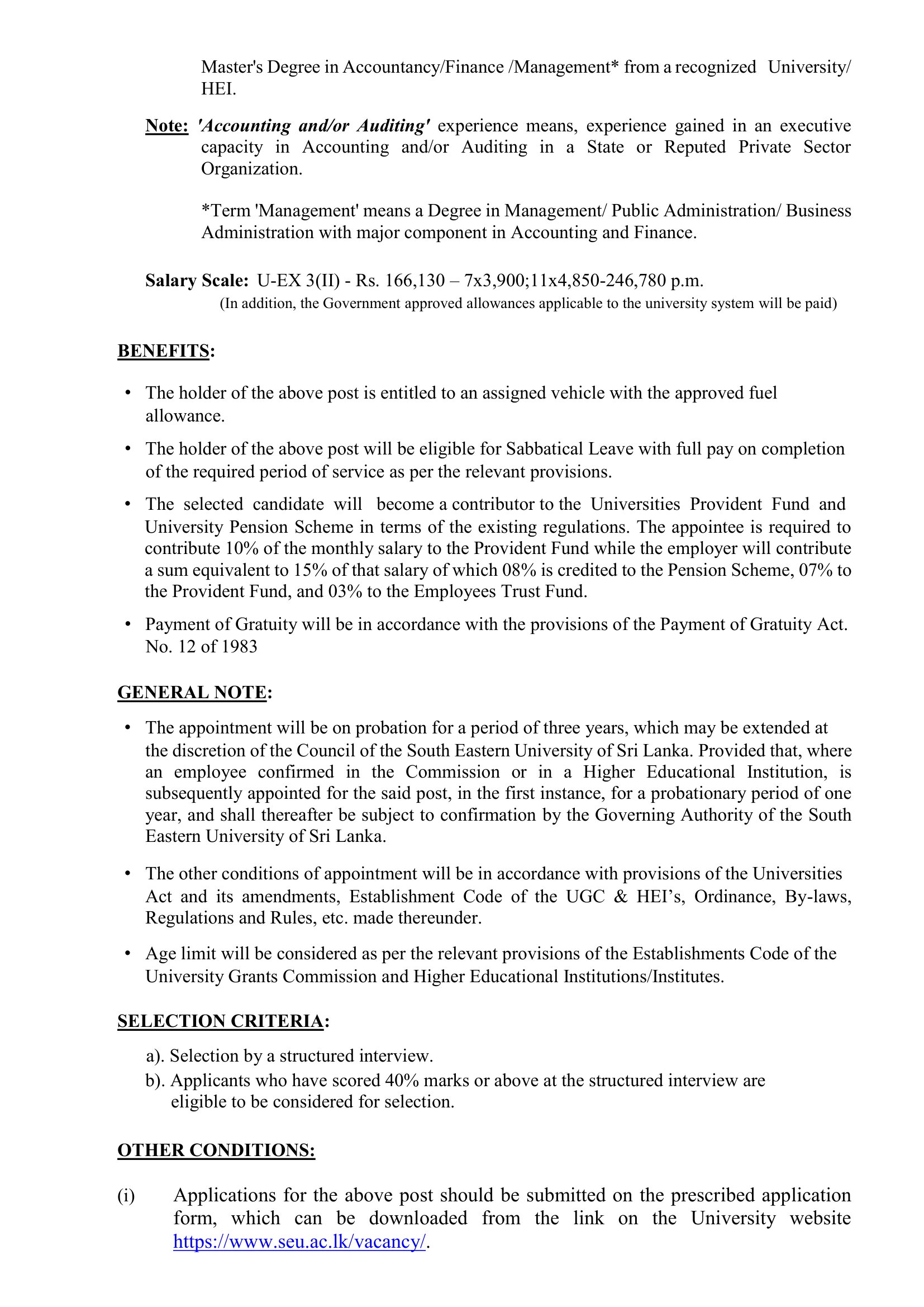 Bursar - South Eastern University of Sri Lanka