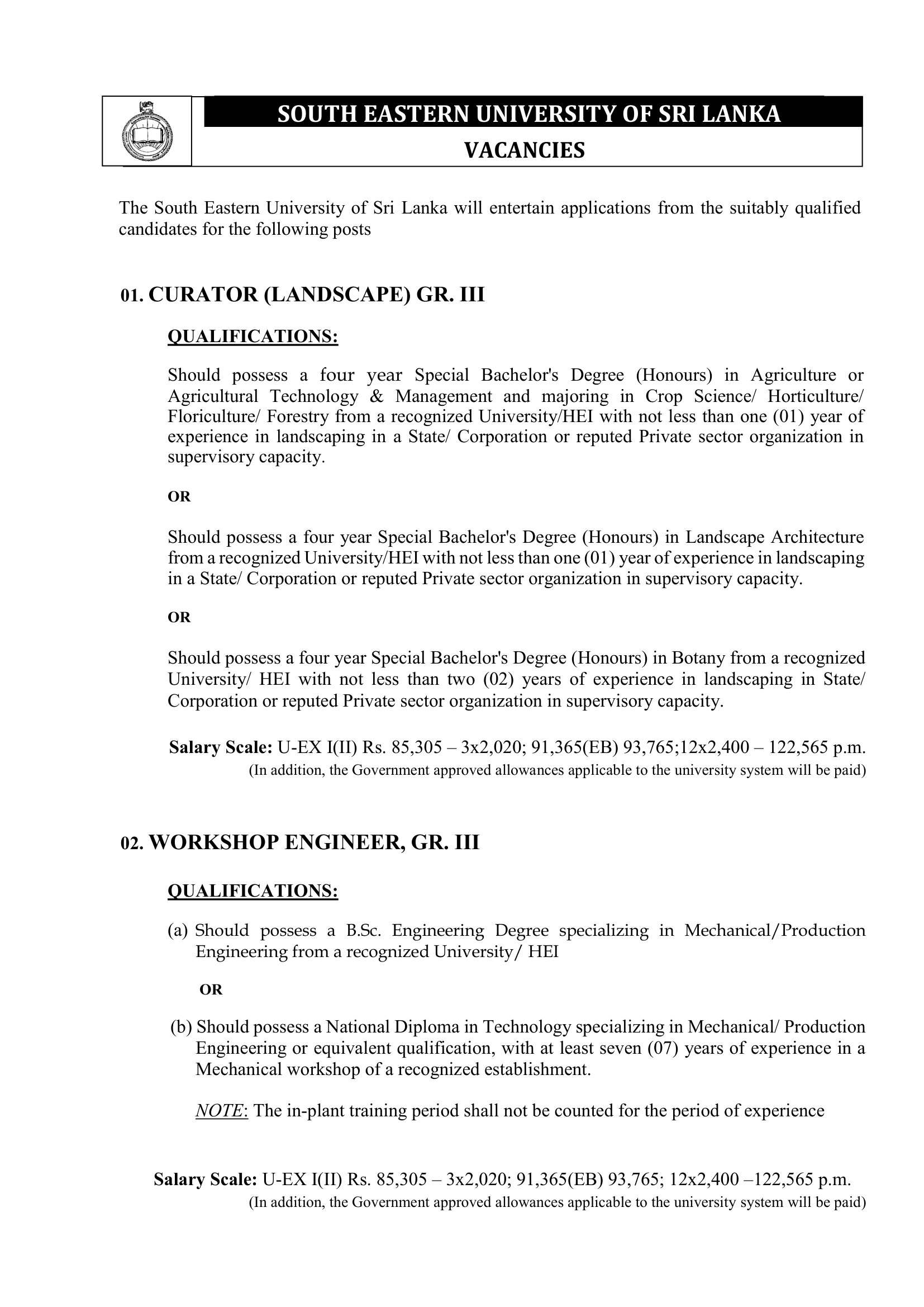 Curator (Landscape), Workshop Engineer - South Eastern University of Sri Lanka