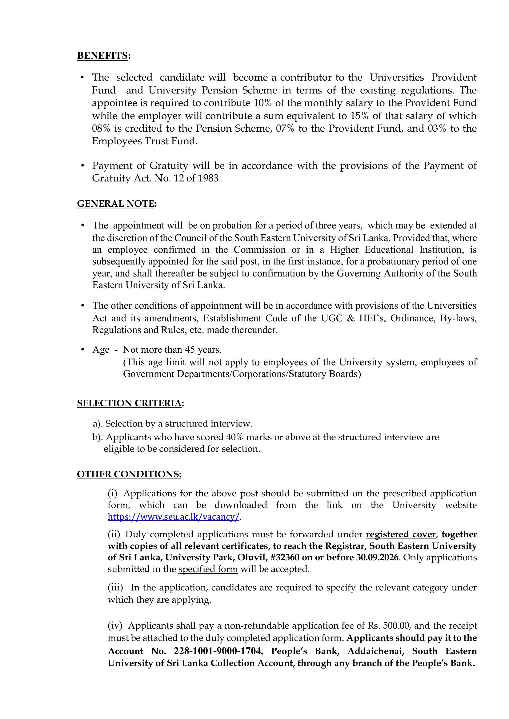 Curator (Landscape), Workshop Engineer - South Eastern University of Sri Lanka