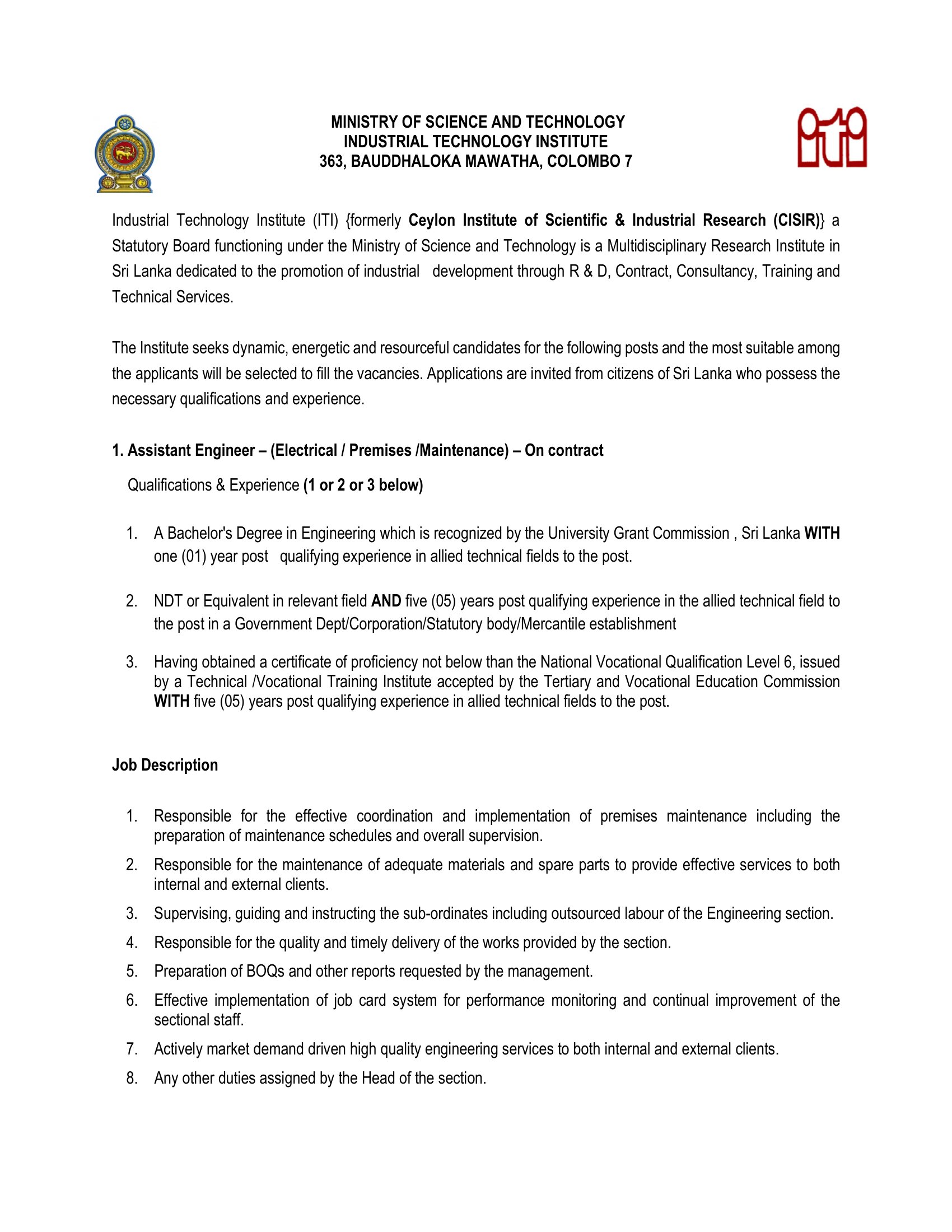 Assistant Engineer - Industrial Technology Institute