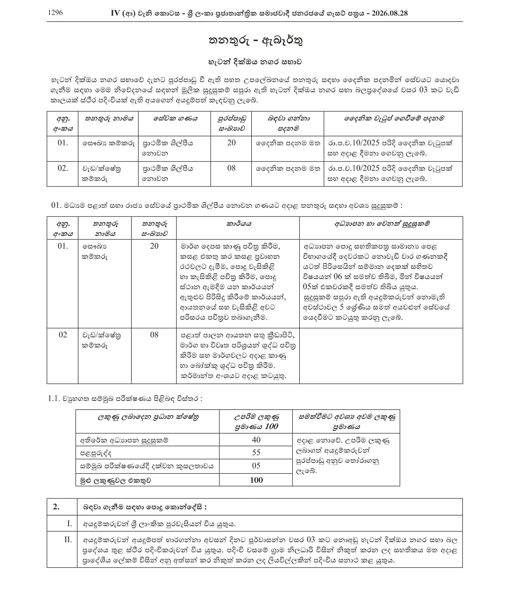 Health Labourer, Work/Field Labourer - Hatton Dickoya Urban Council