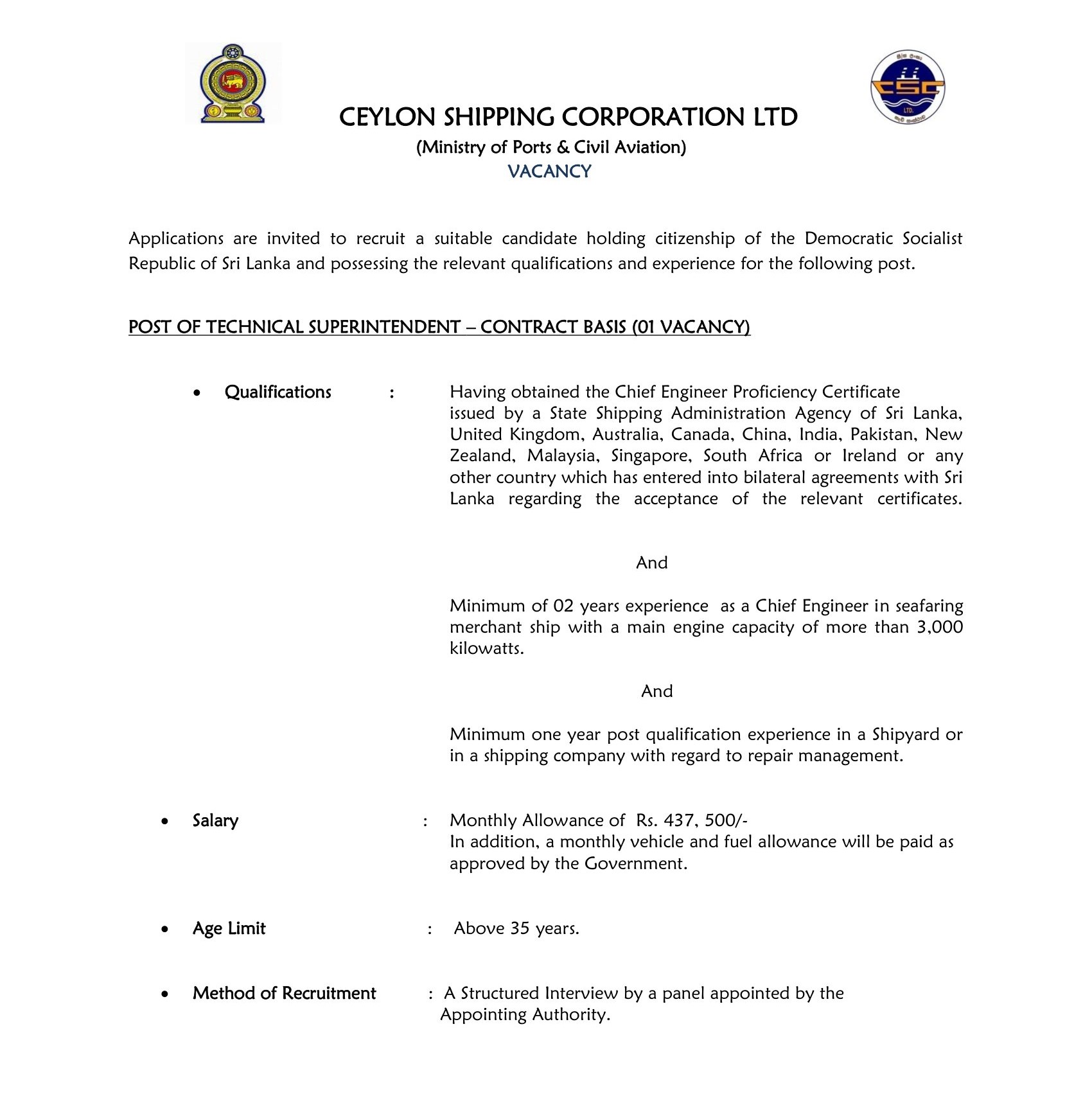 Technical Superintendent - Ceylon Shipping Corporation Ltd