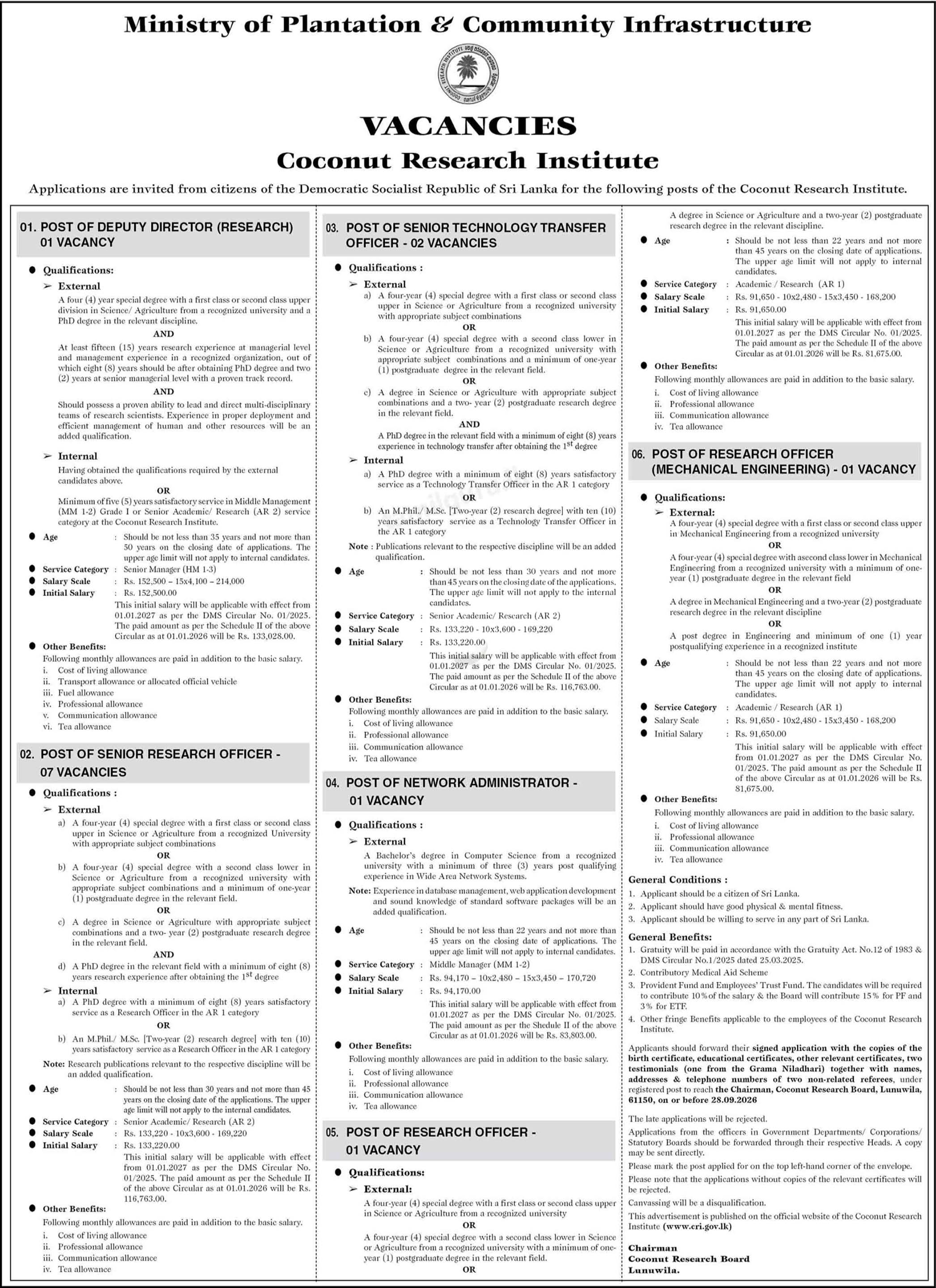 Deputy Director, Senior Research Officer, Senior Technology Transfer Officer, Network Administrator, Research Officer - Coconut Research Board