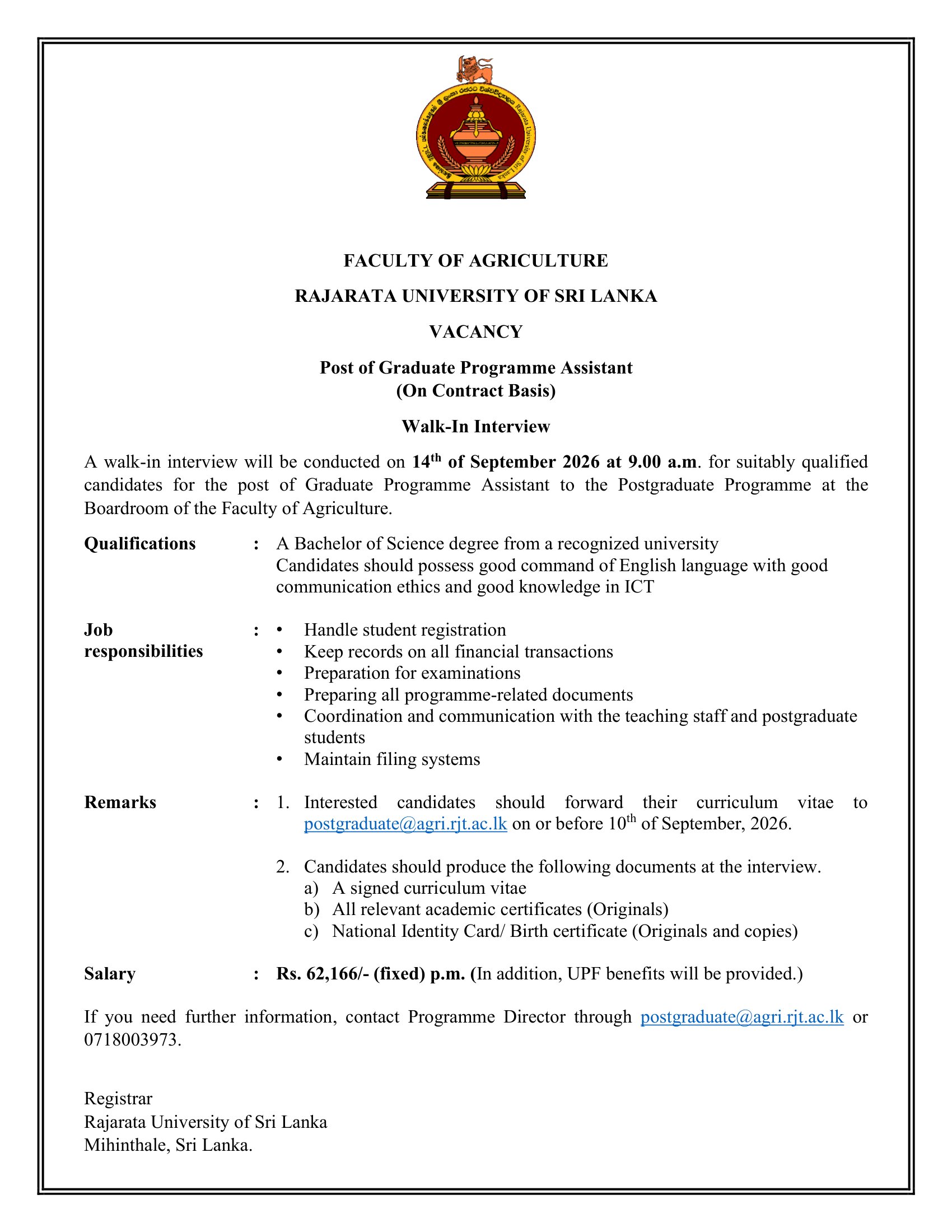Graduate Programme Assistant - Rajarata University of Sri Lanka