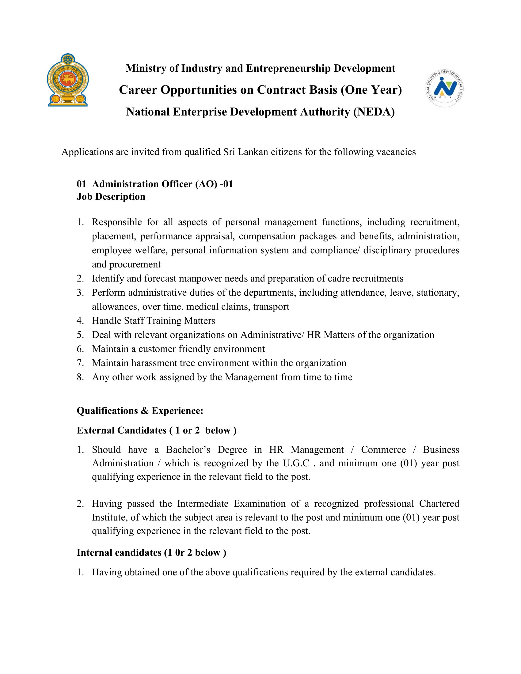 Administration Officer, Enterprise Promotion Officer, Enterprise Promotion Assistant - National Enterprise Development Authority
