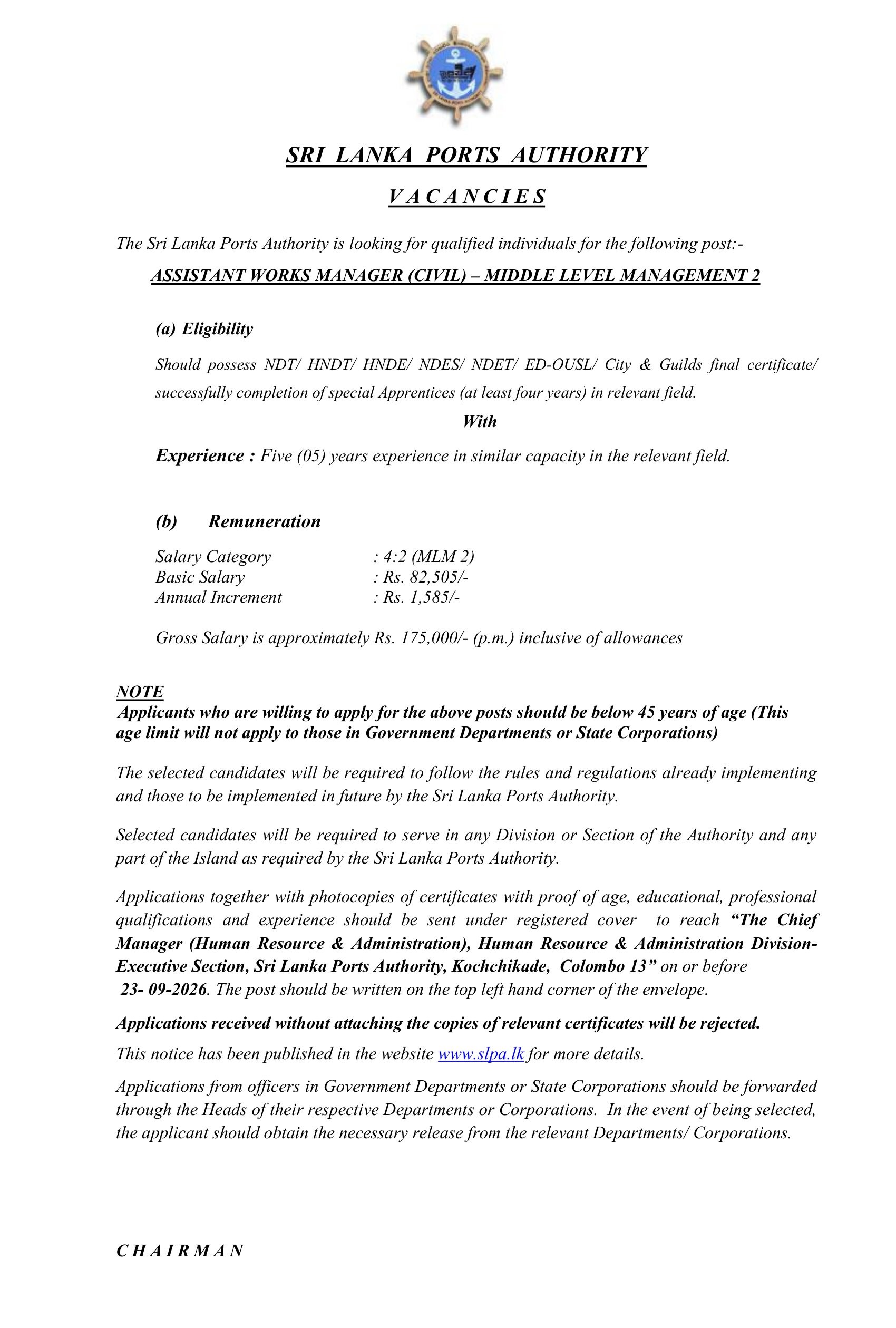 Assistant Works Manager (Civil) - Sri Lanka Ports Authority