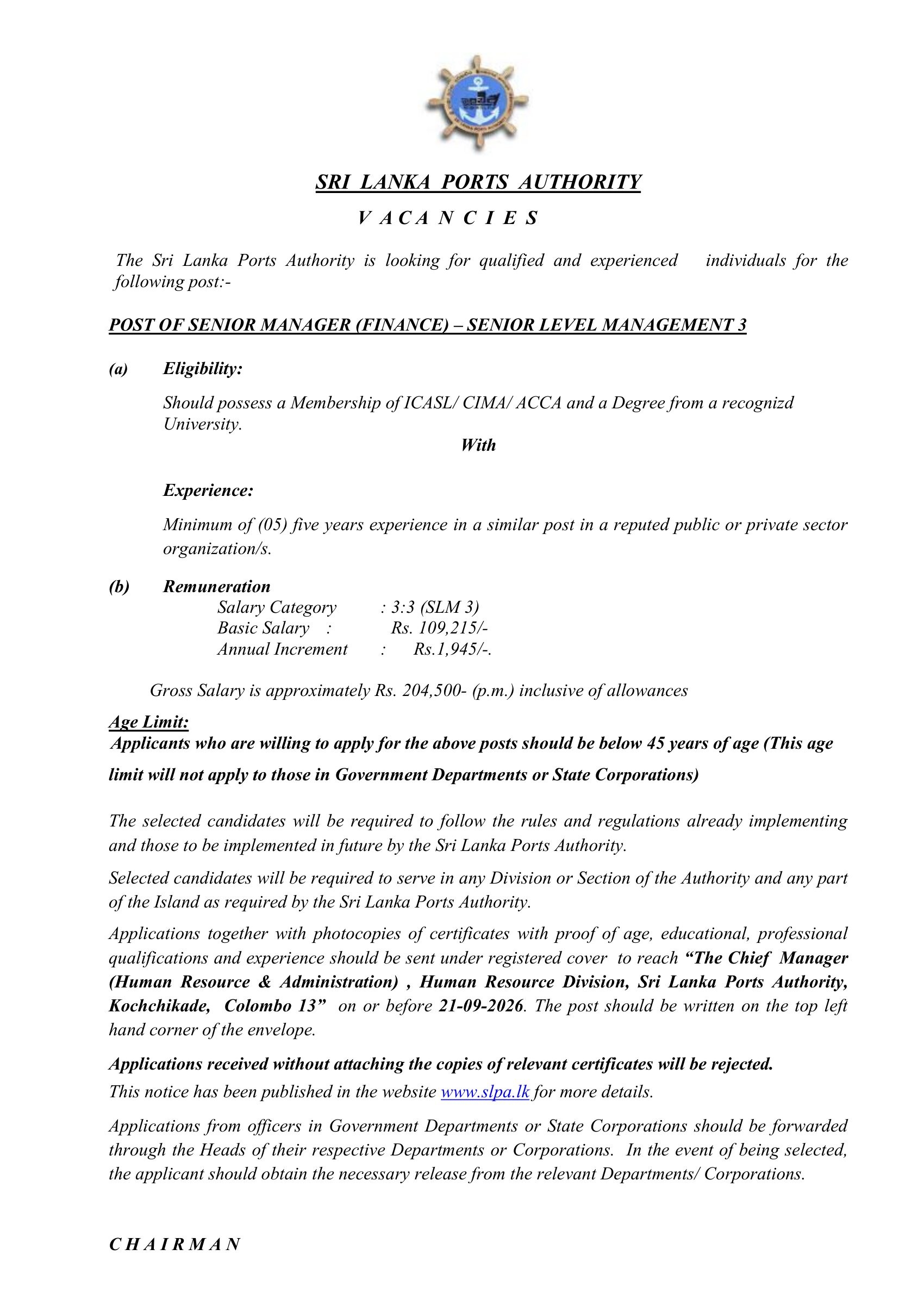 Senior Manager (Finance) - Sri Lanka Ports Authority