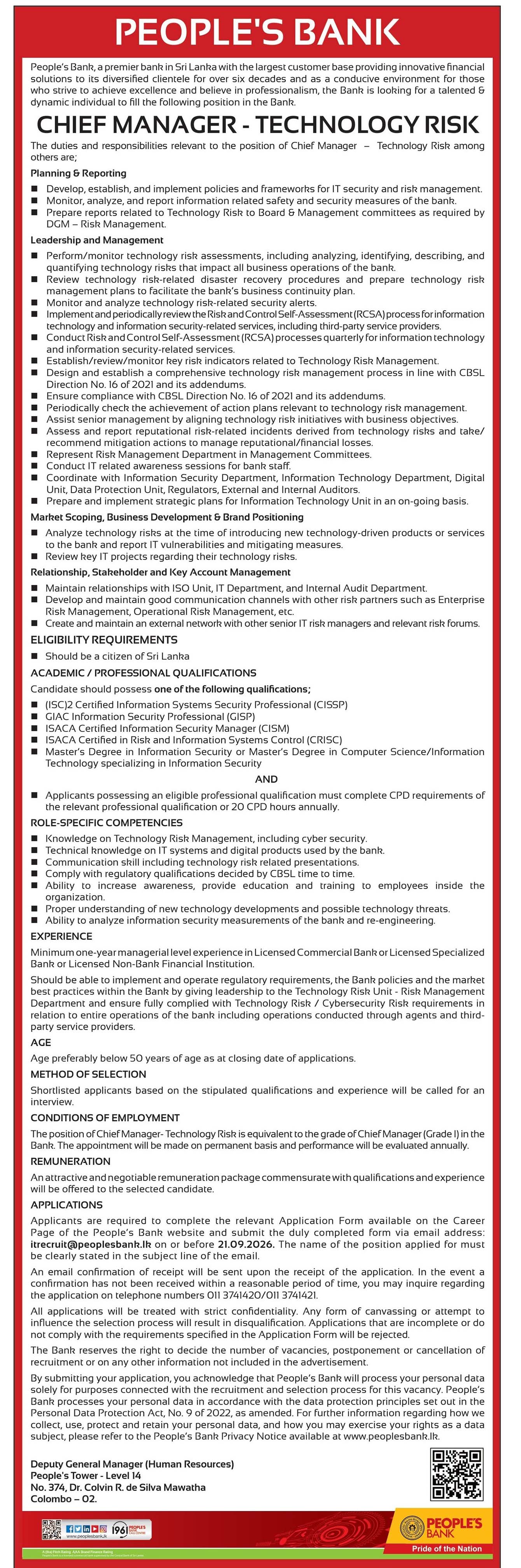 Chief Manager (Technology Risk) - People’s Bank