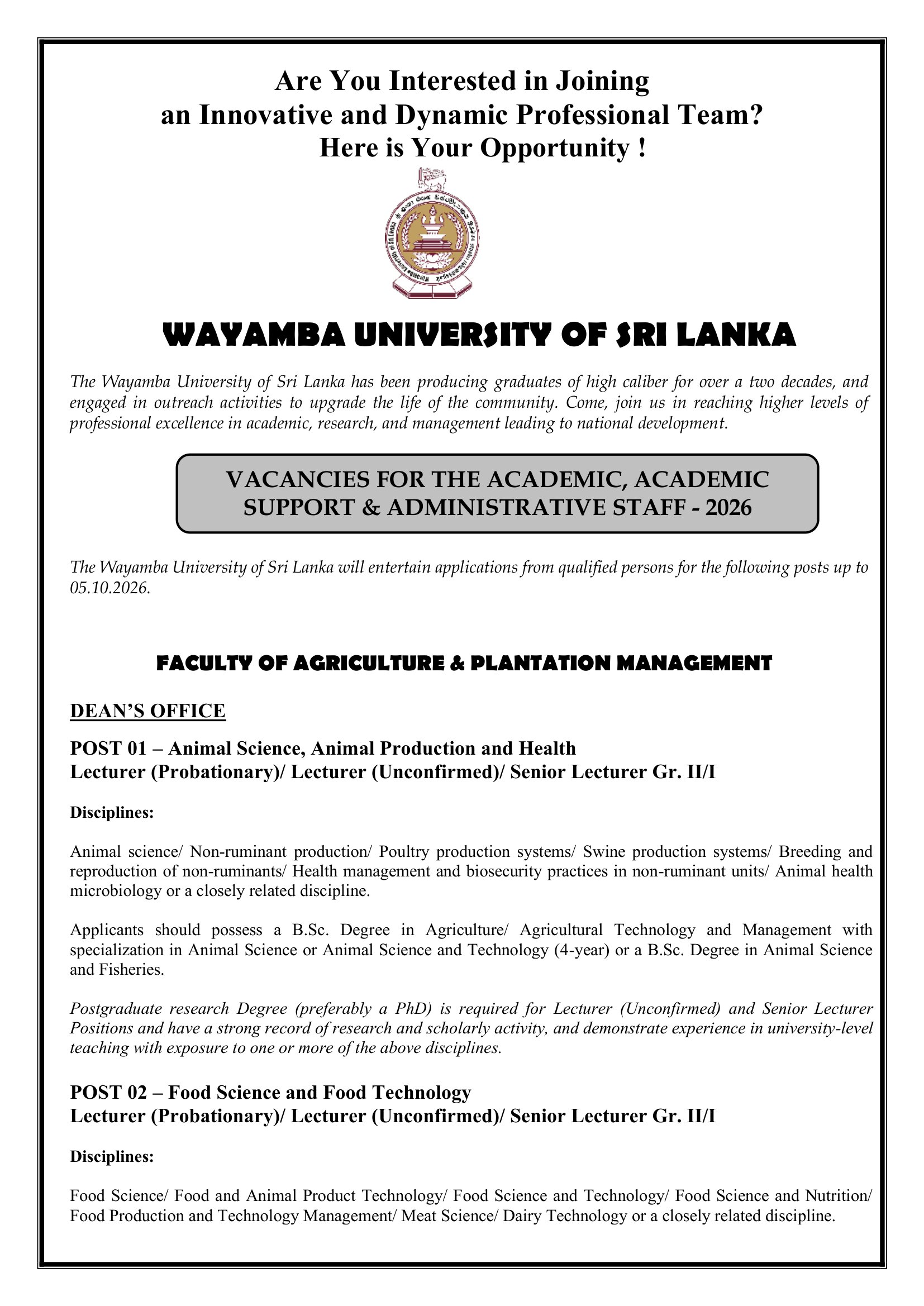 Lecturer, Senior Lecturer, Professor, Instructor, Chief Marshal, Project Manager - Wayamba University of Sri Lanka