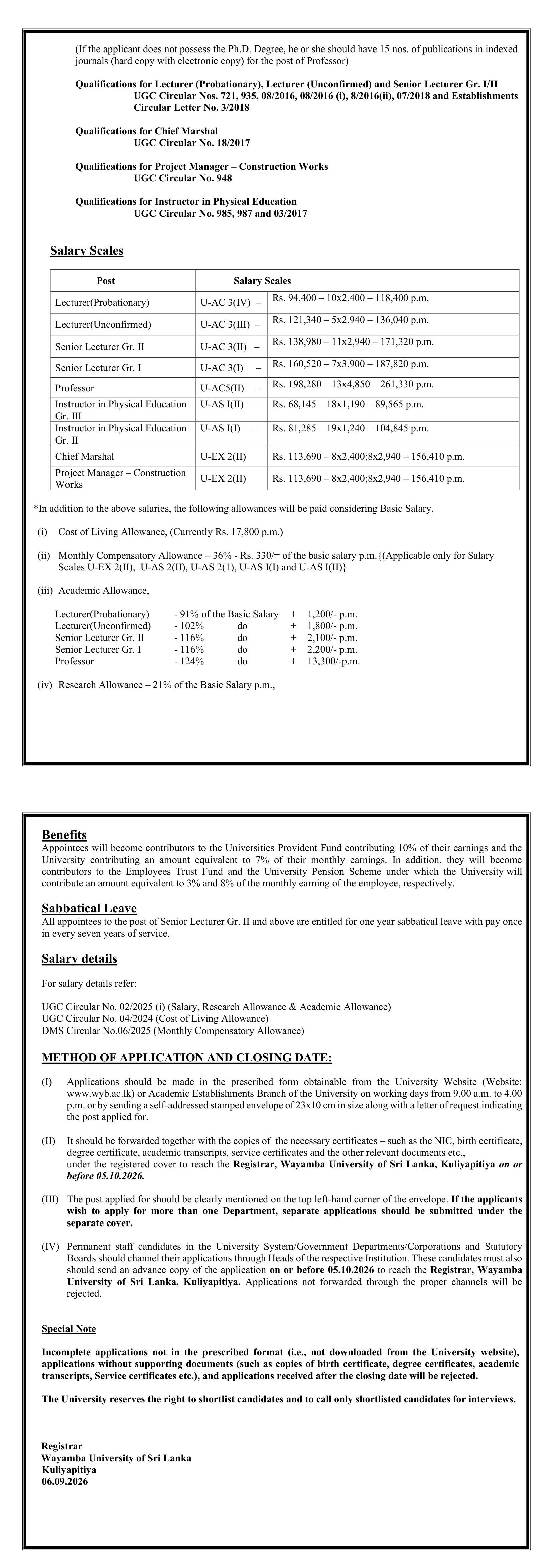Lecturer, Senior Lecturer, Professor, Instructor, Chief Marshal, Project Manager - Wayamba University of Sri Lanka