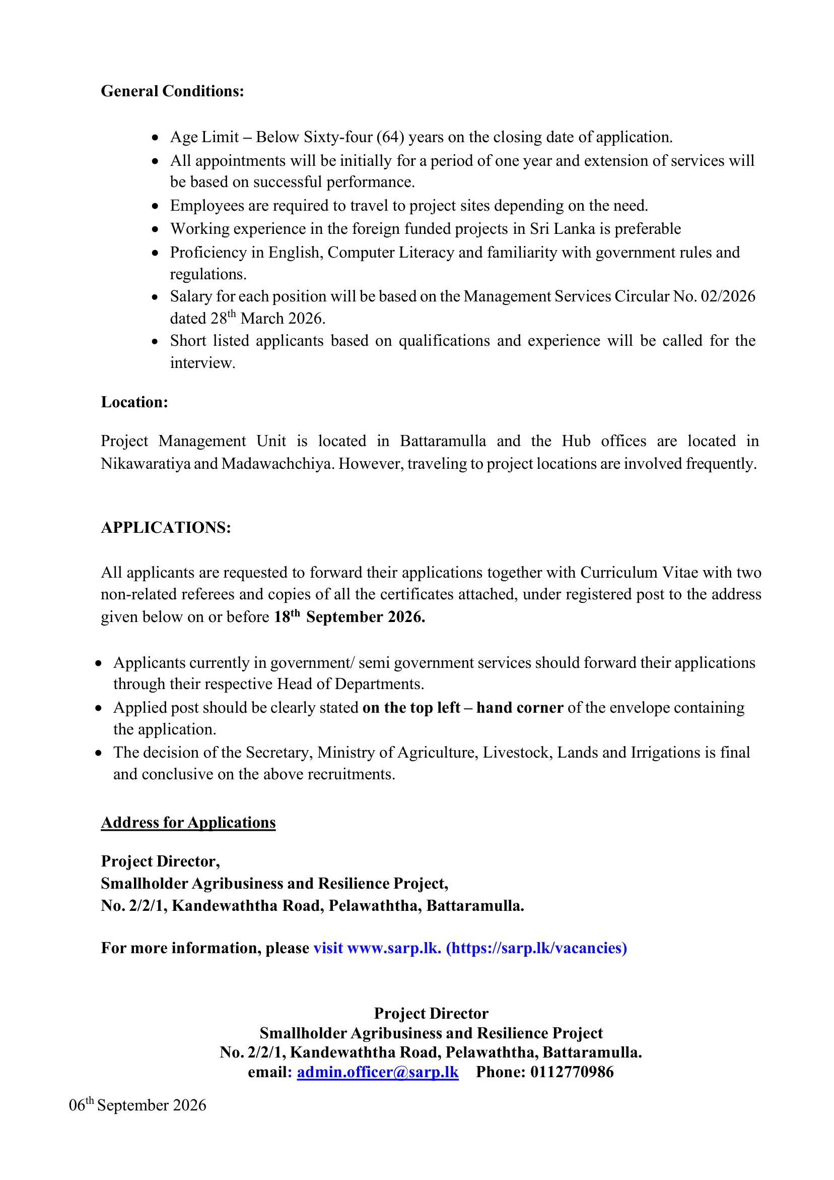 Area Coordinator - Smallholder Agribusiness and Resilience Project - Ministry of Agriculture, Livestock, Lands & Irrigation
