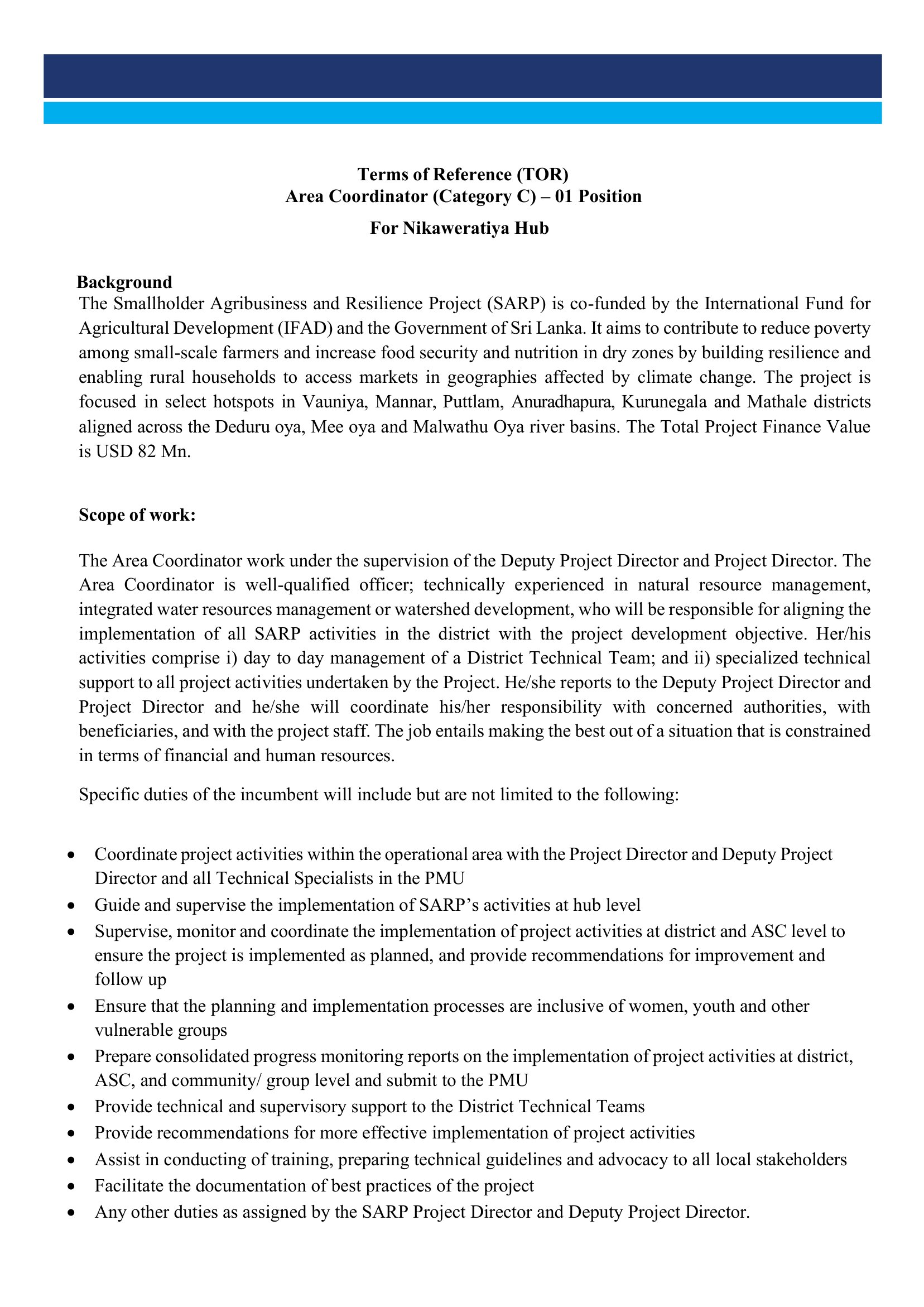 Area Coordinator - Smallholder Agribusiness and Resilience Project - Ministry of Agriculture, Livestock, Lands & Irrigation