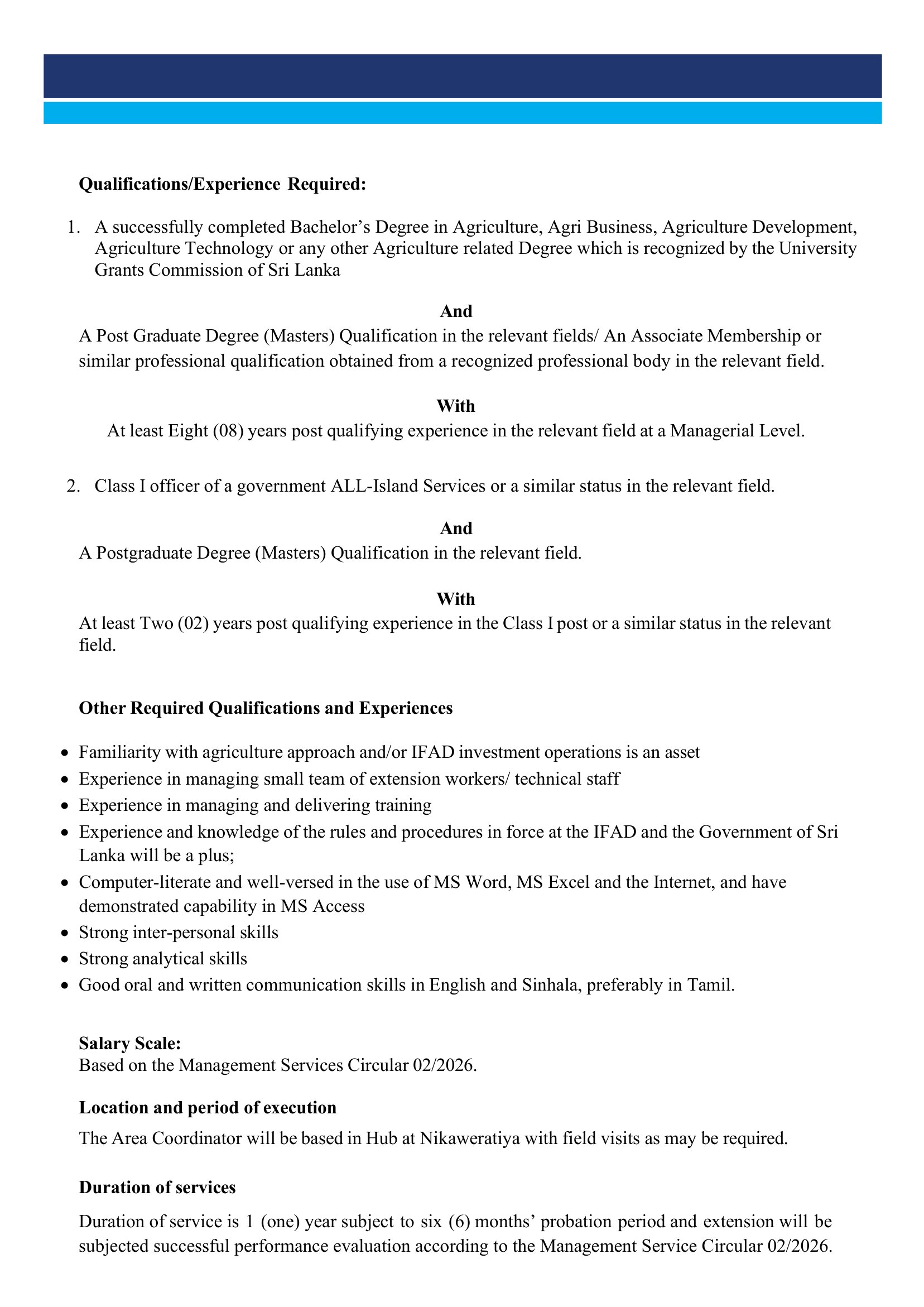 Area Coordinator - Smallholder Agribusiness and Resilience Project - Ministry of Agriculture, Livestock, Lands & Irrigation