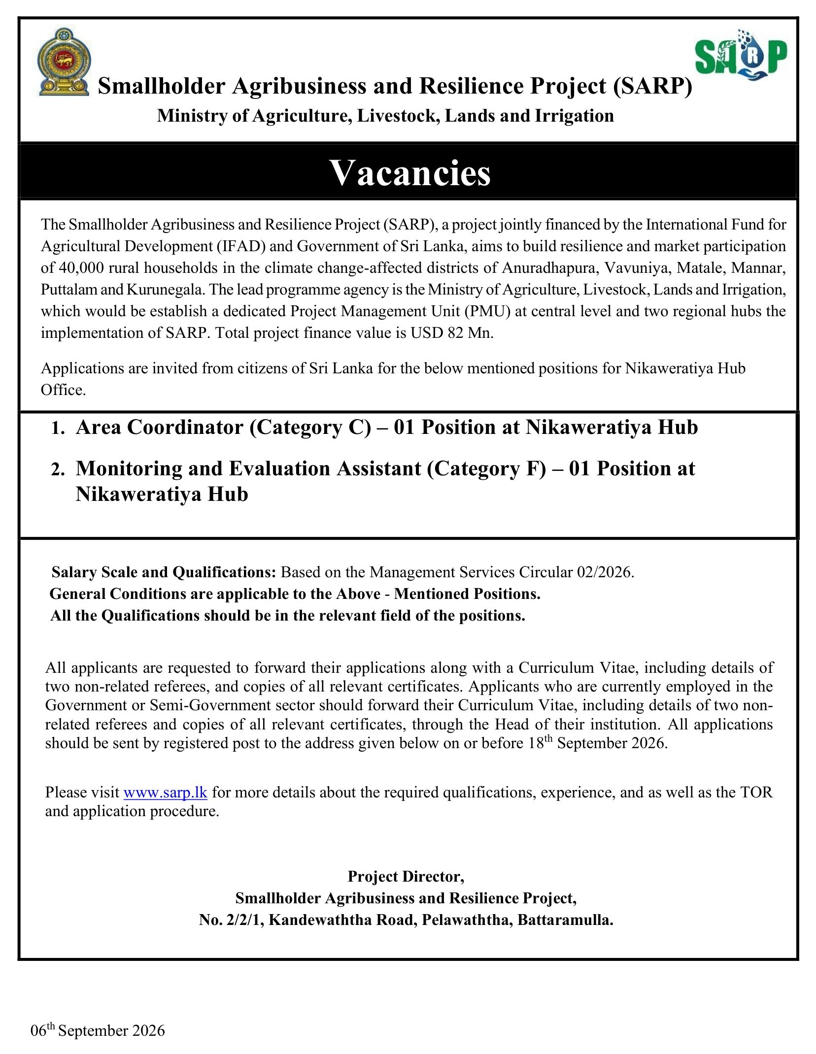 Monitoring & Evaluation Assistant - Smallholder Agribusiness and Resilience Project - Ministry of Agriculture, Livestock, Lands & Irrigation