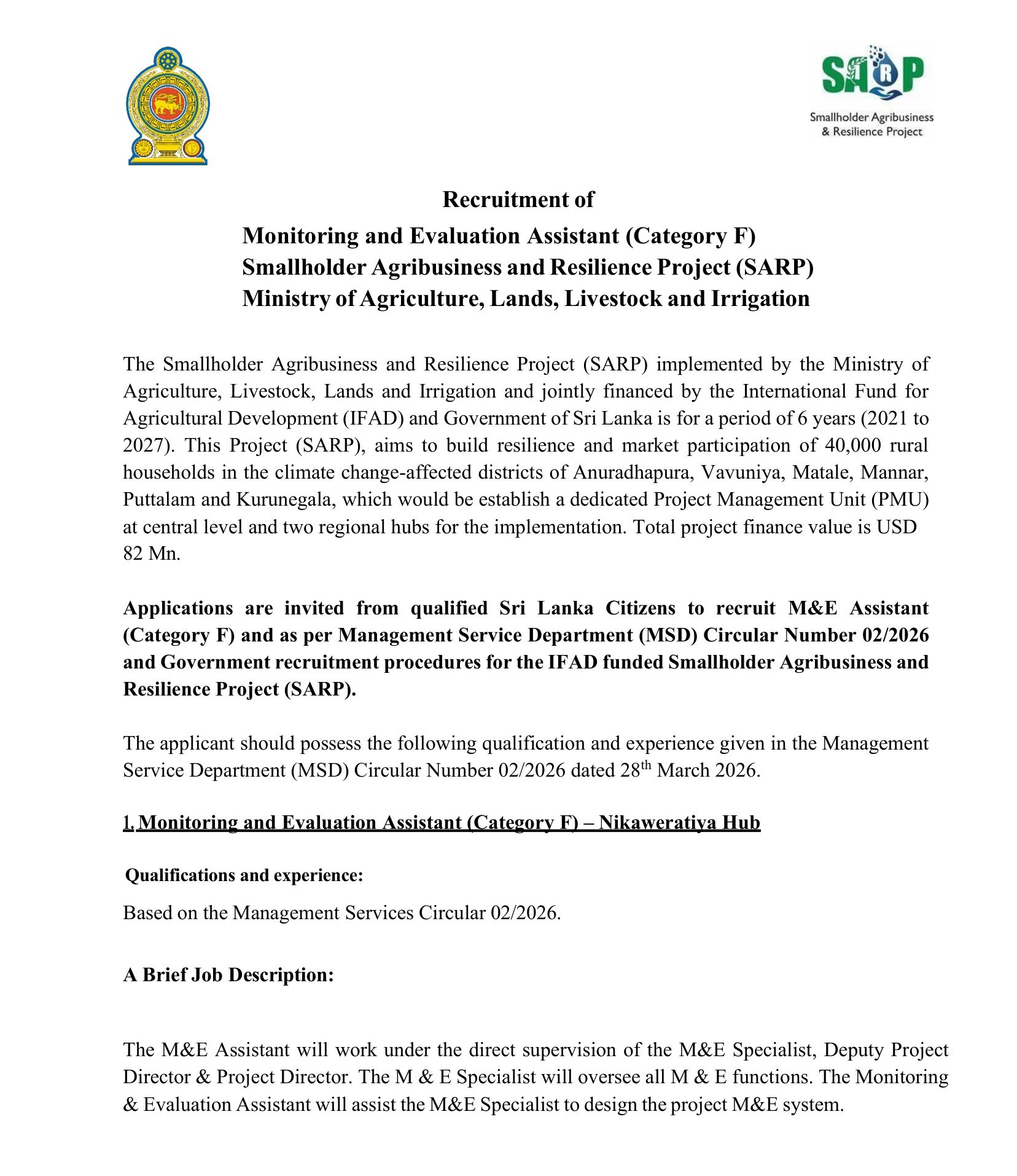 Monitoring & Evaluation Assistant - Smallholder Agribusiness and Resilience Project - Ministry of Agriculture, Livestock, Lands & Irrigation