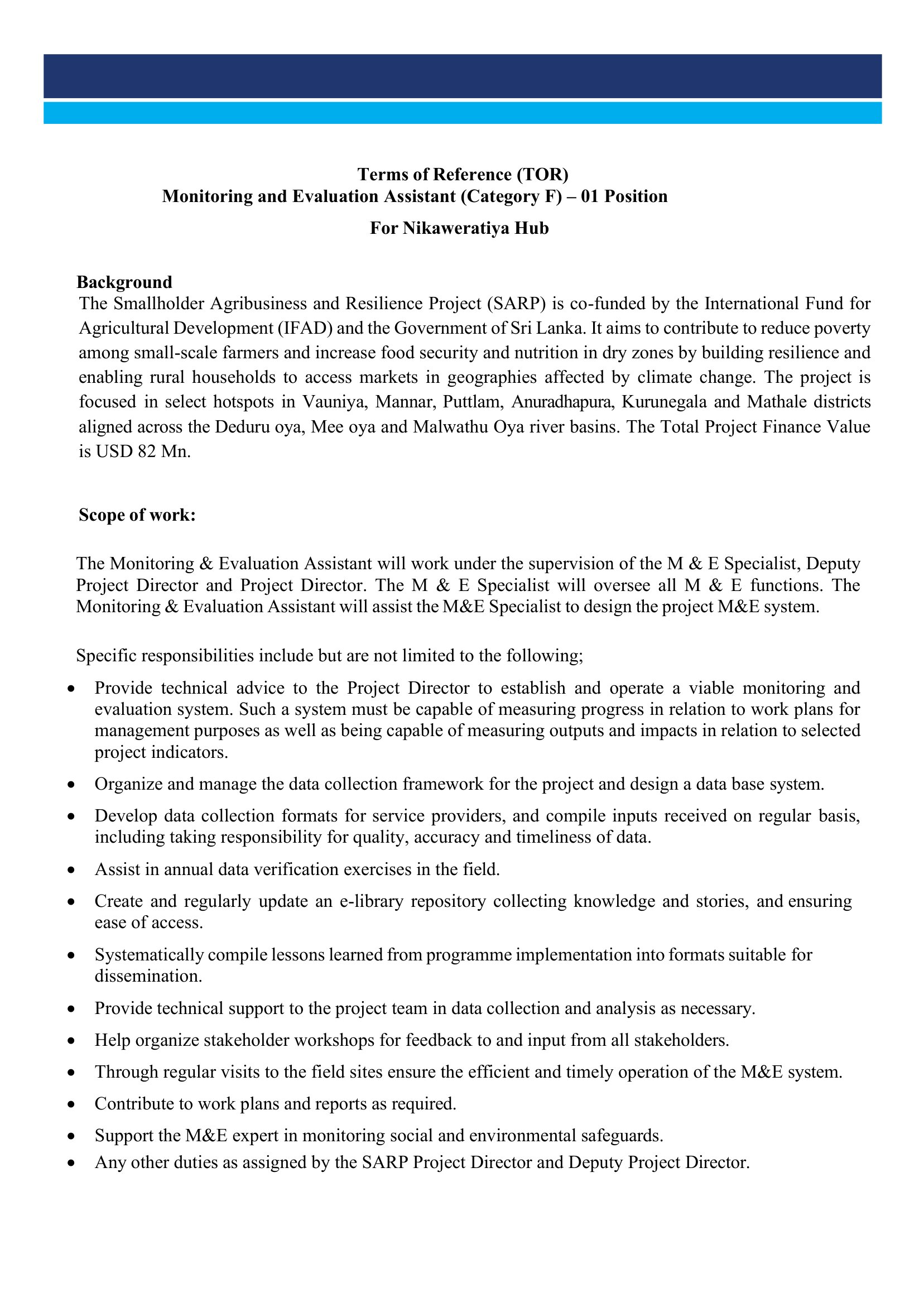 Monitoring & Evaluation Assistant - Smallholder Agribusiness and Resilience Project - Ministry of Agriculture, Livestock, Lands & Irrigation