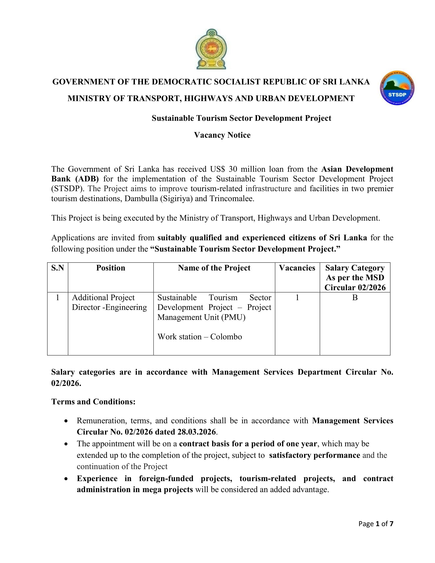 Additional Project Director - Ministry of Transport, Highways & Urban Development